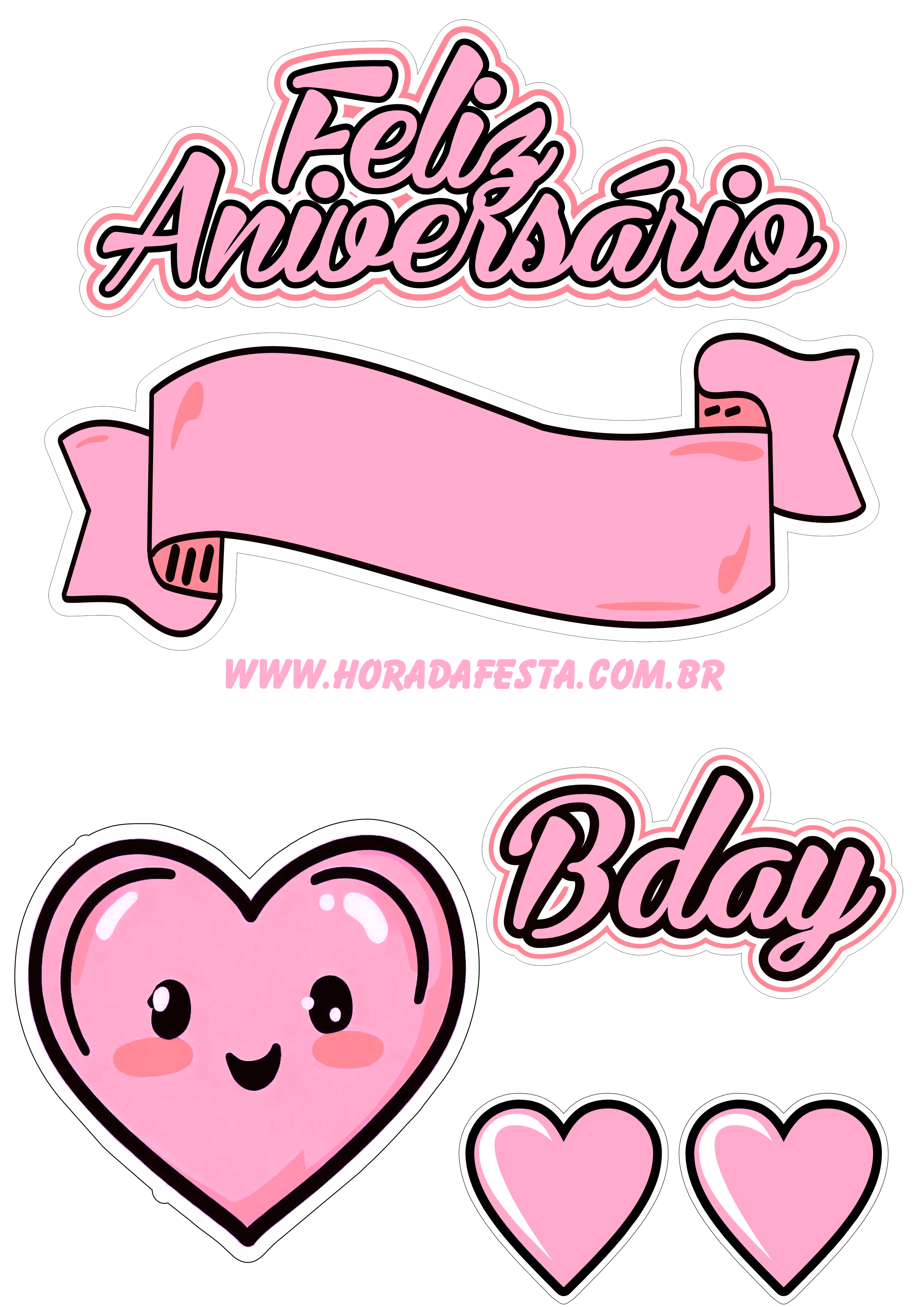 Feliz aniversário coração fofinho topo de bolo para decoração de festas artigos de papelaria rosa para imprimir contorno Bday png