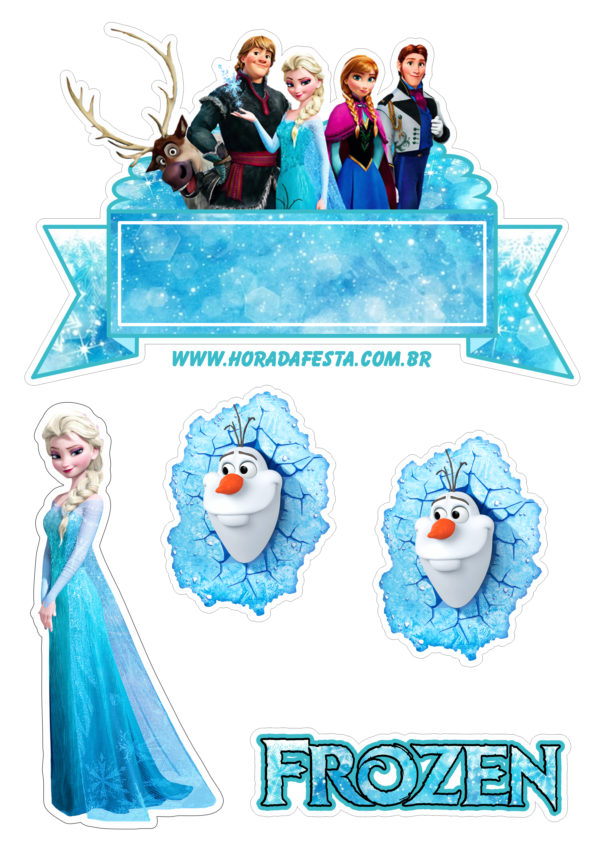Frozen topo de bolo festa infantil personagens disney Elsa Anna Kristoff Sven e Olaf artes gráficas design png