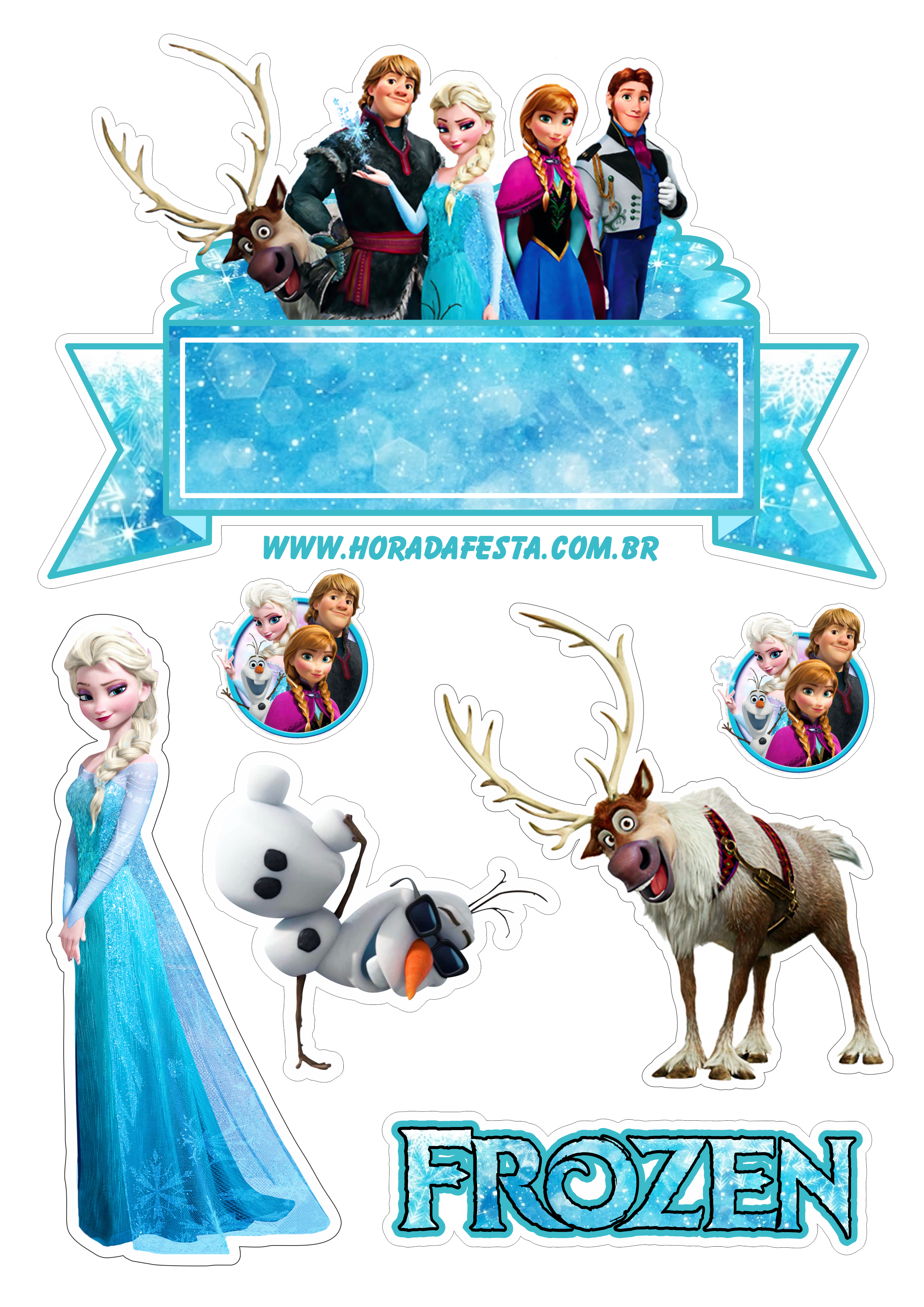 Frozen topo de bolo festa infantil personagens disney Elsa Anna Kristoff Sven e Olaf artigos de papelaria png