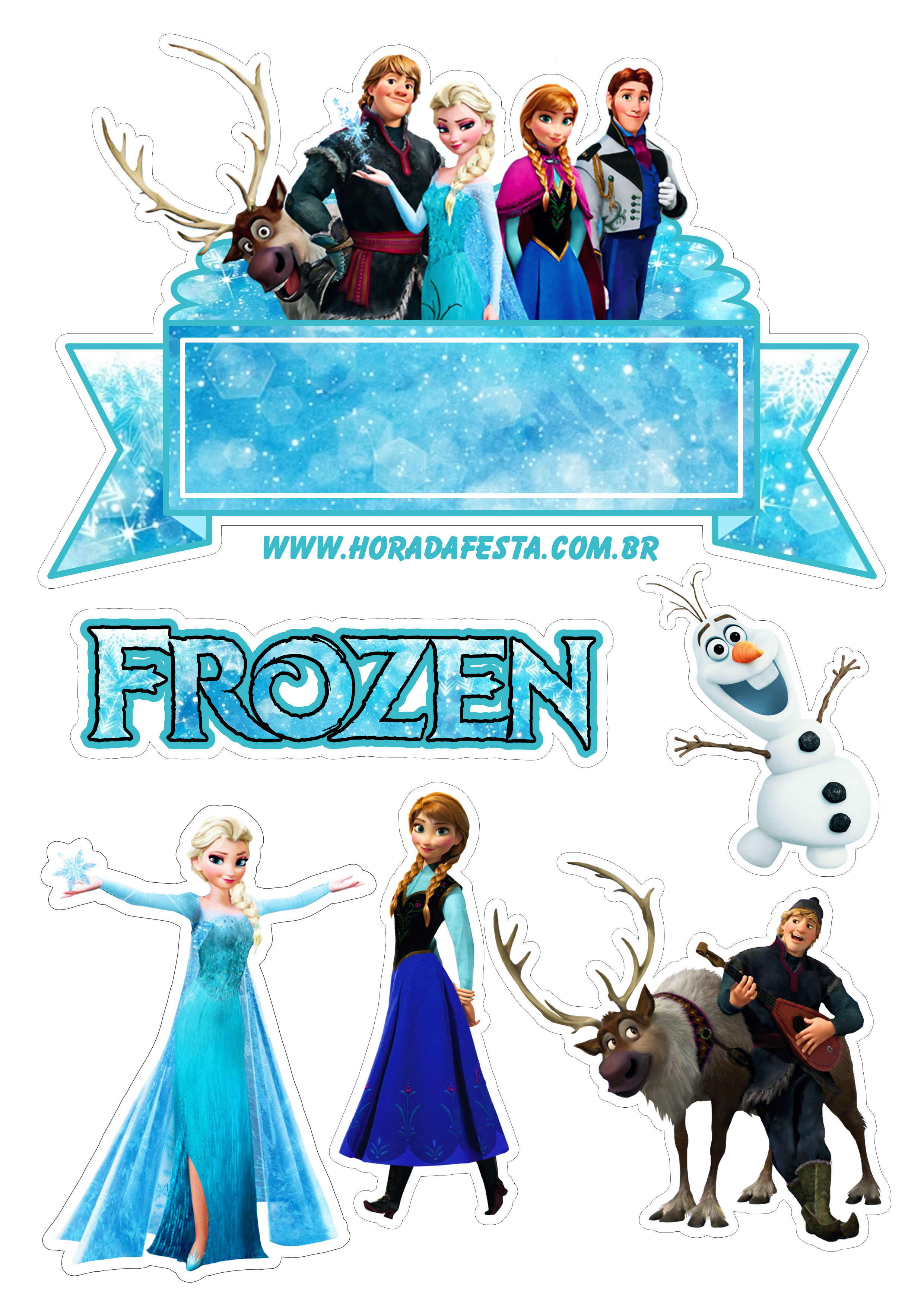 Frozen topo de bolo festa infantil personagens disney Elsa Anna Kristoff Sven e Olaf artigos de papelaria personalizados png