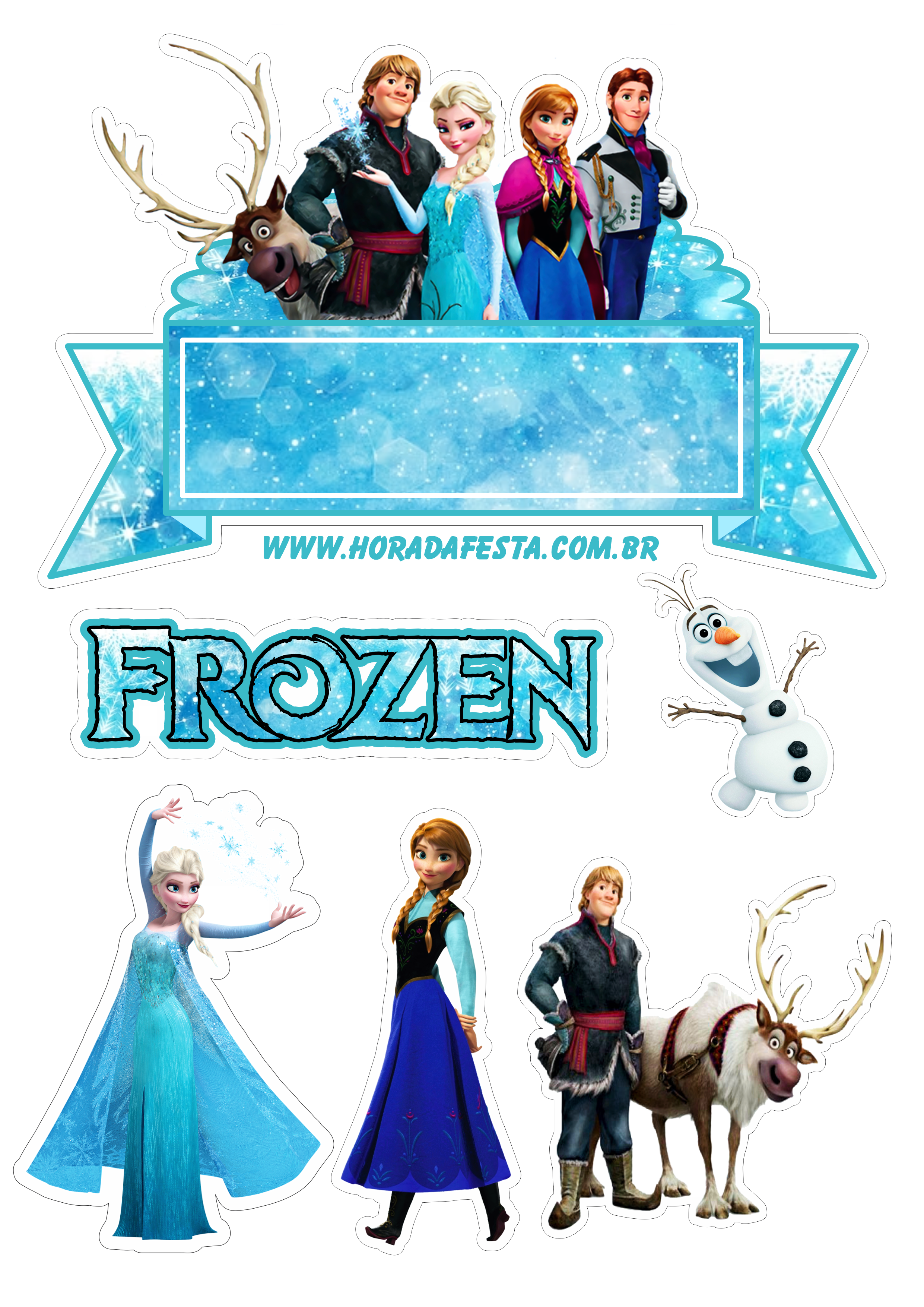 Frozen topo de bolo festa infantil personagens disney Elsa Anna Kristoff Sven e Olaf artigos de papelaria personalizados para recorte png