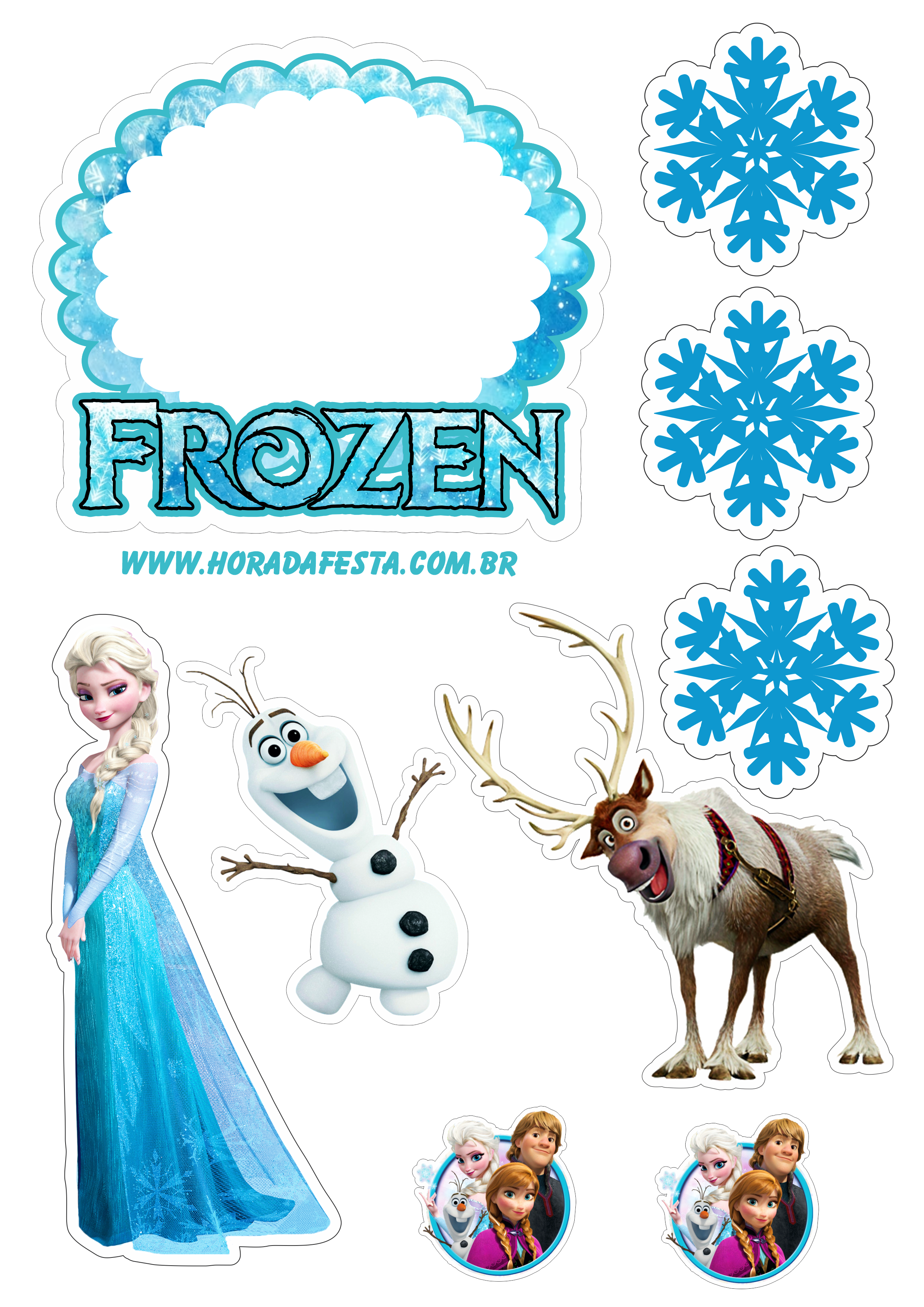 Frozen topo de bolo festa infantil personagens disney fazendo a nossa festa Elsa Anna Kristoff Sven e Olaf floco de neve png