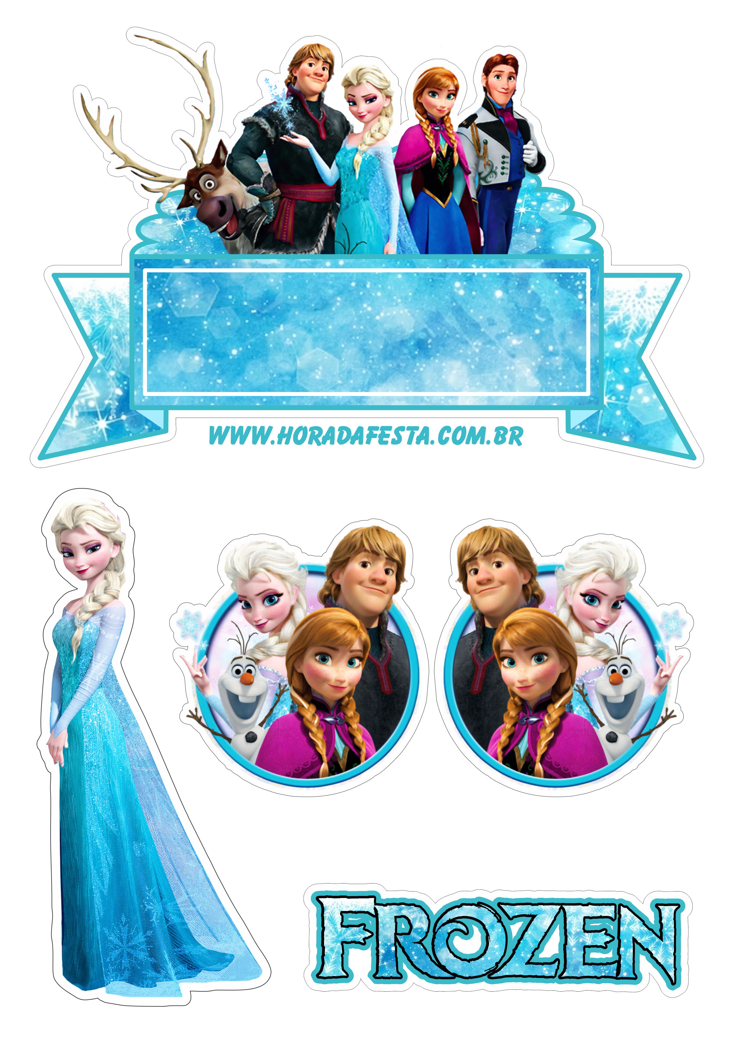 Frozen topo de bolo festa infantil personagens disney Elsa Anna Kristoff Sven e Olaf artes gráficas png