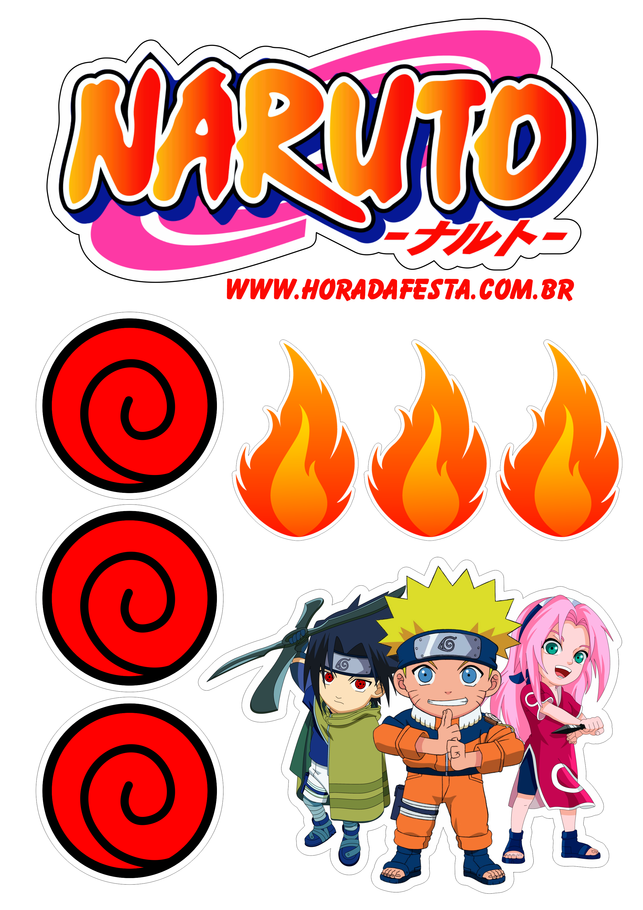 Naruto clássico topo de bolo para imprimir festa infantil Sasuke e Sakura time 7 artigos de papelaria png