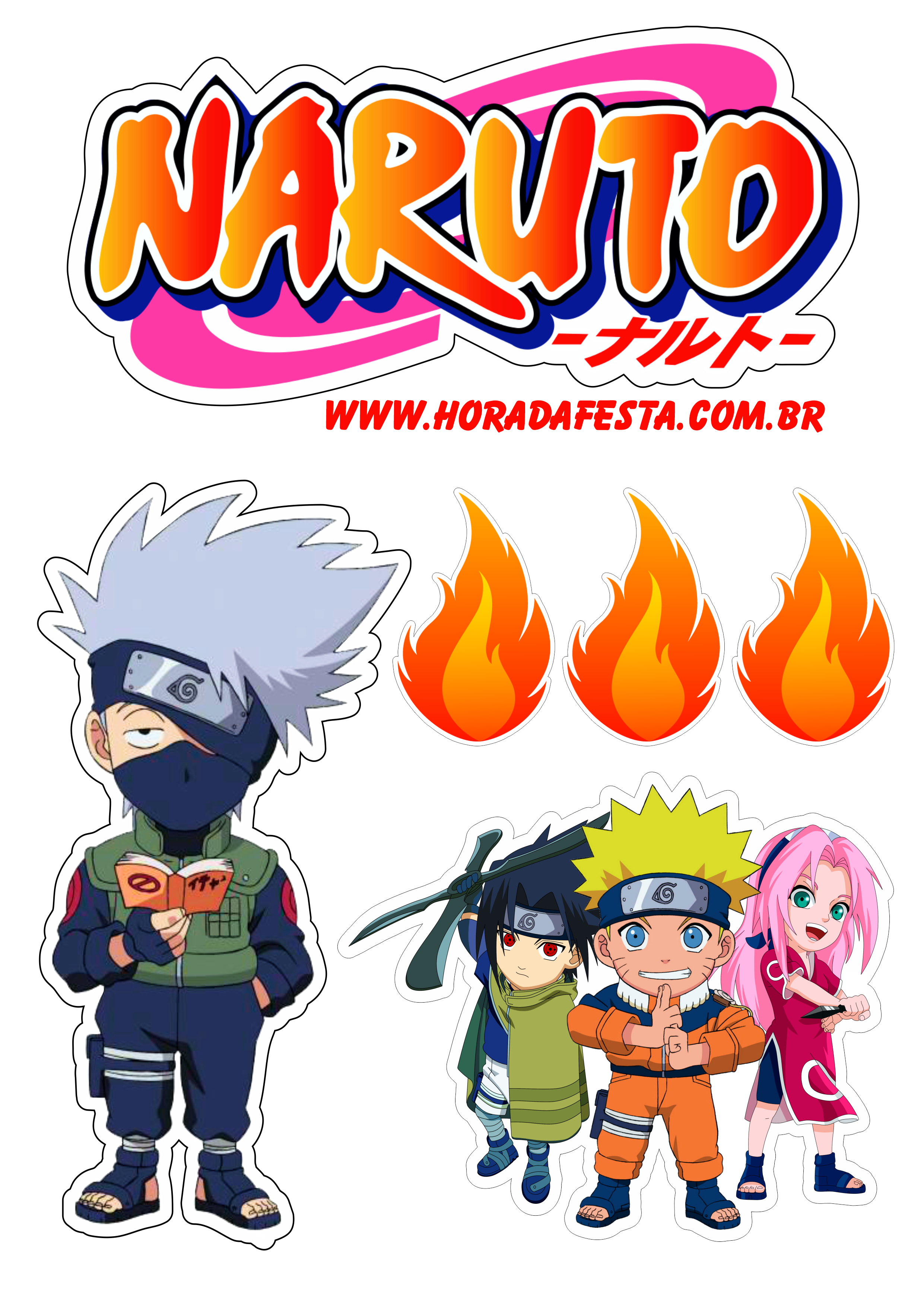 Naruto clássico topo de bolo para imprimir festa infantil Sasuke e Sakura time 7 Kakashi artigos de papelaria png