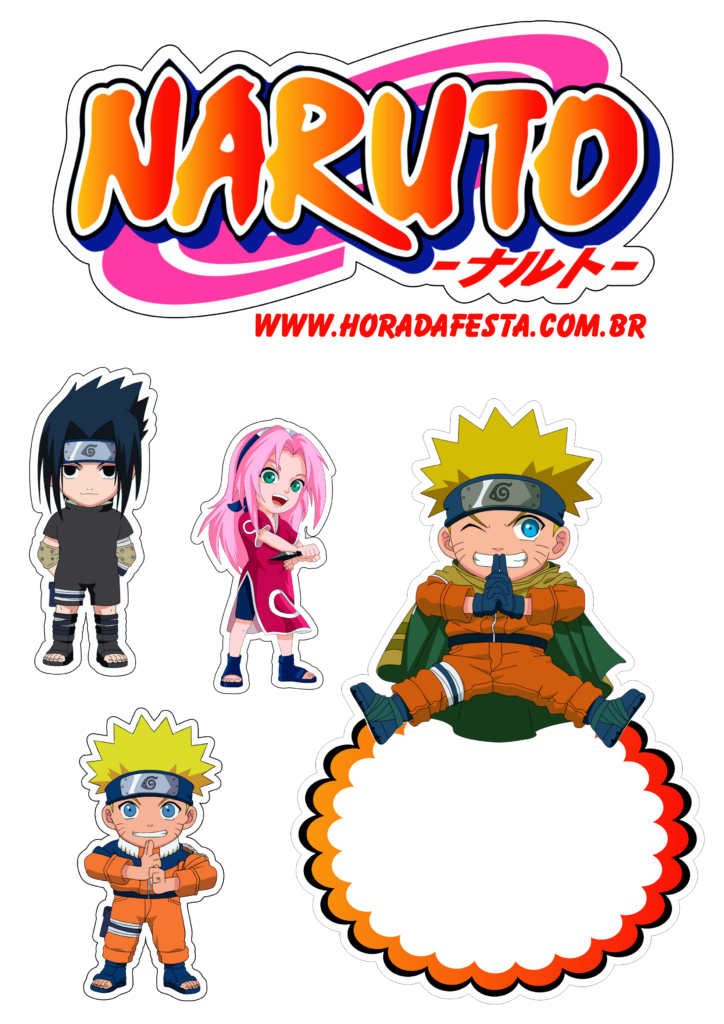 Naruto clássico topo de bolo para imprimir festa infantil Sasuke e Sakura  time 7 artigos de papelaria design png