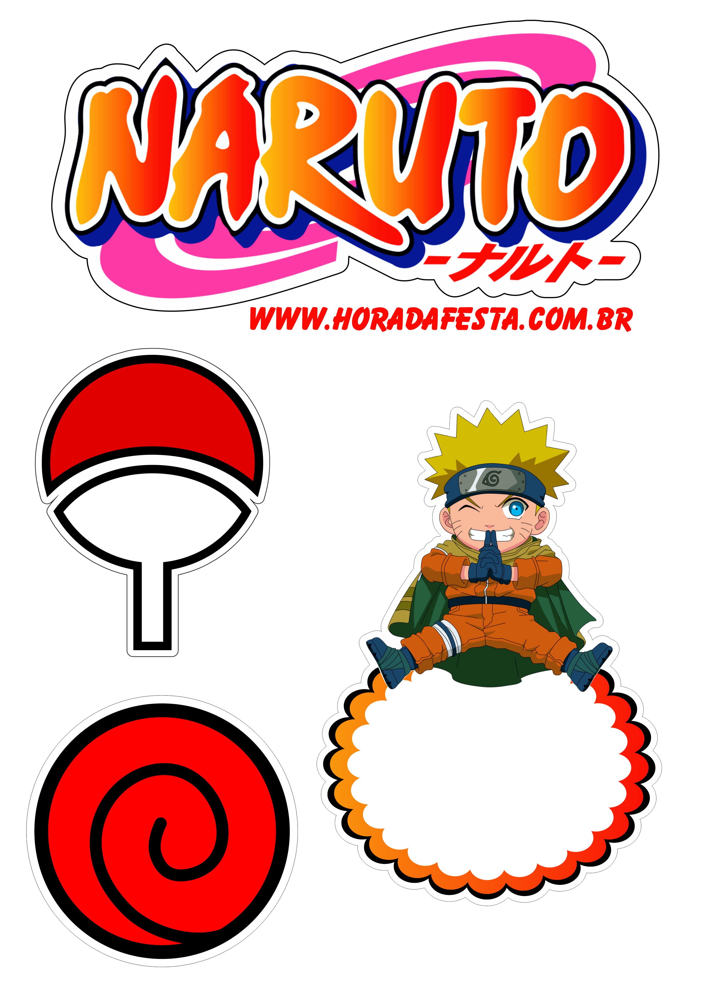 Naruto clássico topo de bolo para imprimir festa infantil Sasuke e Sakura time 7 artigos de papelaria renda extra tesourete png