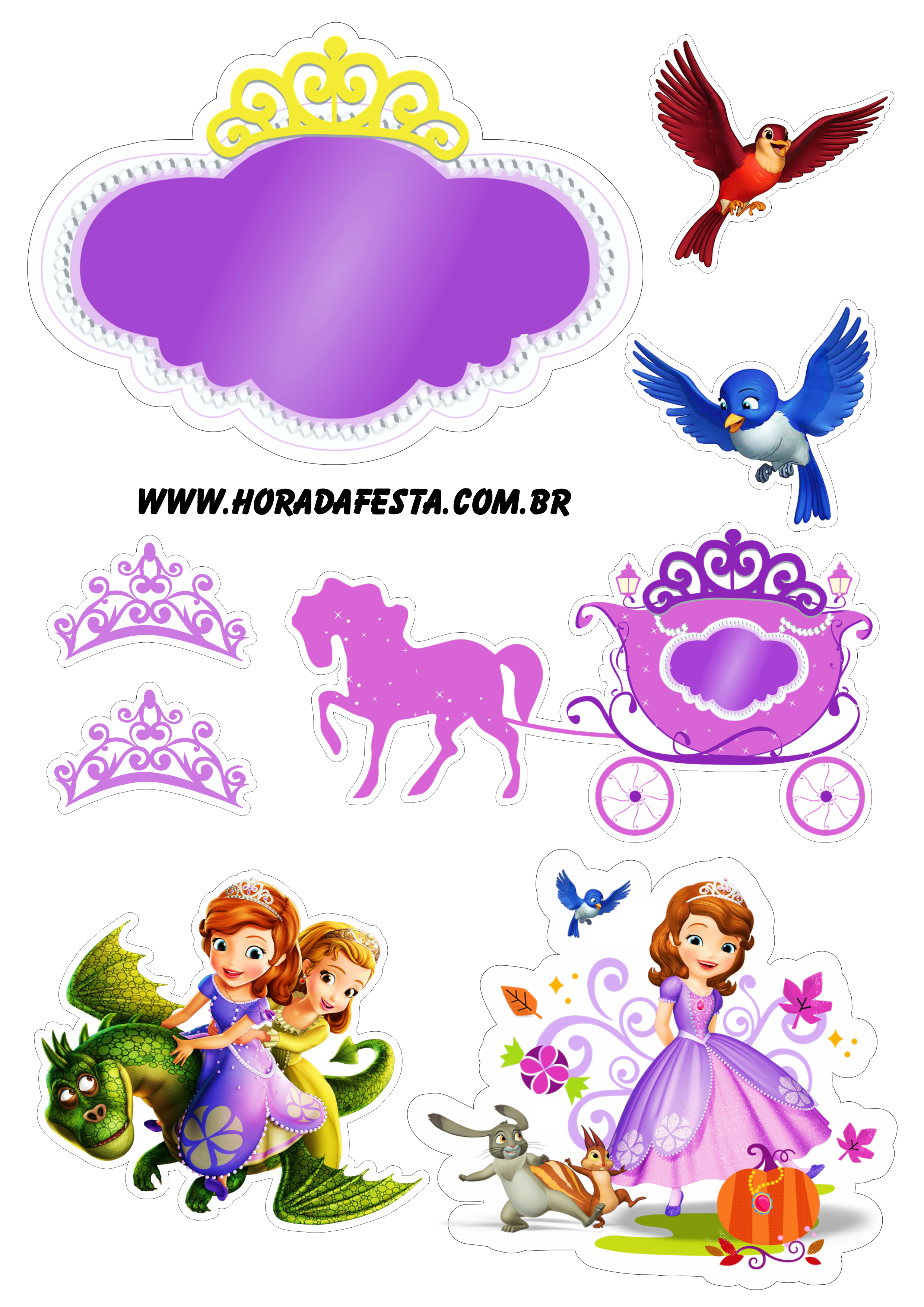 Princesinha Sofia topo de bolo para imprimir festa pronta animação disney junior coroa carruagem pássaros png