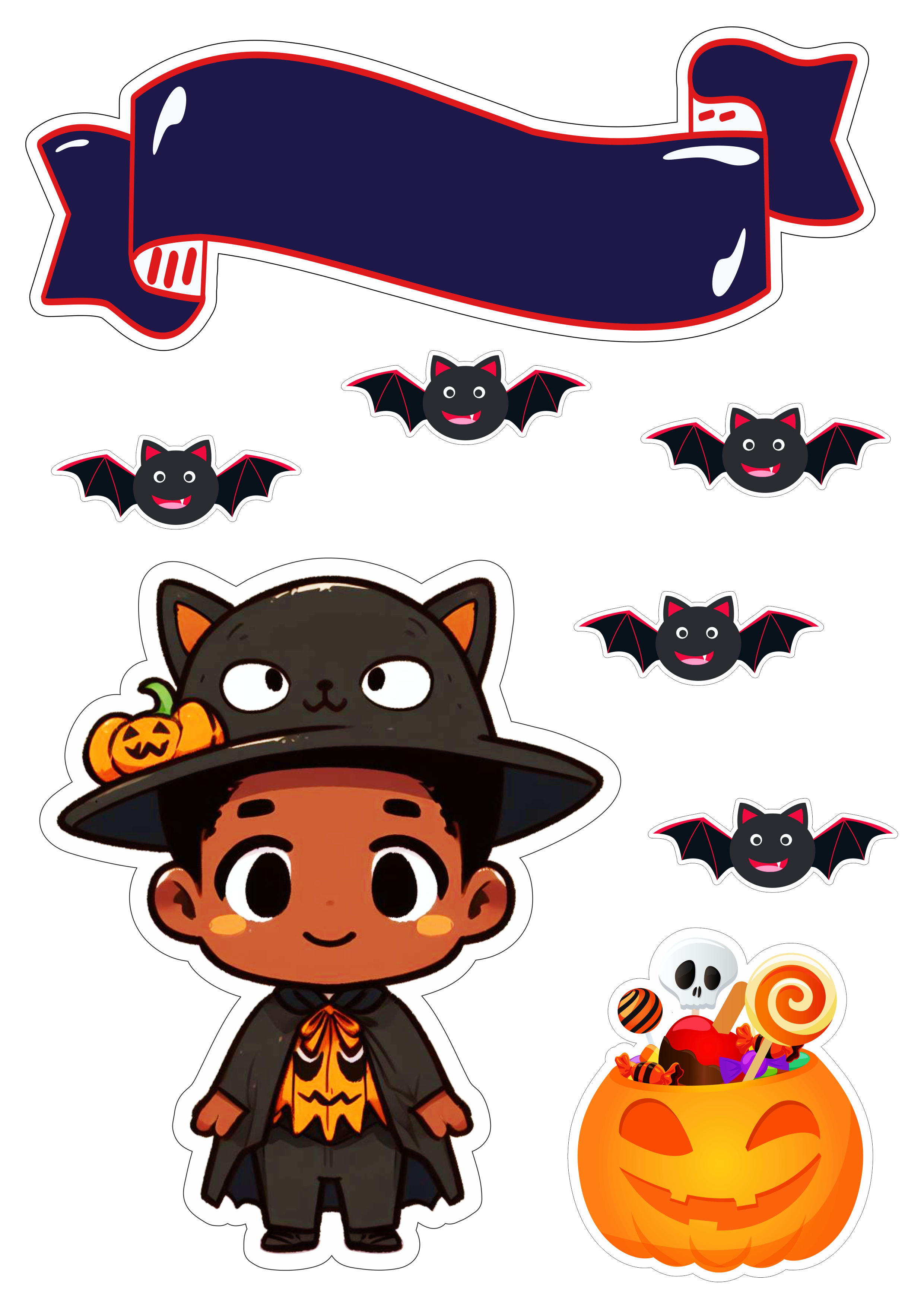 Dia das bruxas Happy Halloween topo de bolo para imprimir menino fantasiado renda extra com personalizados png