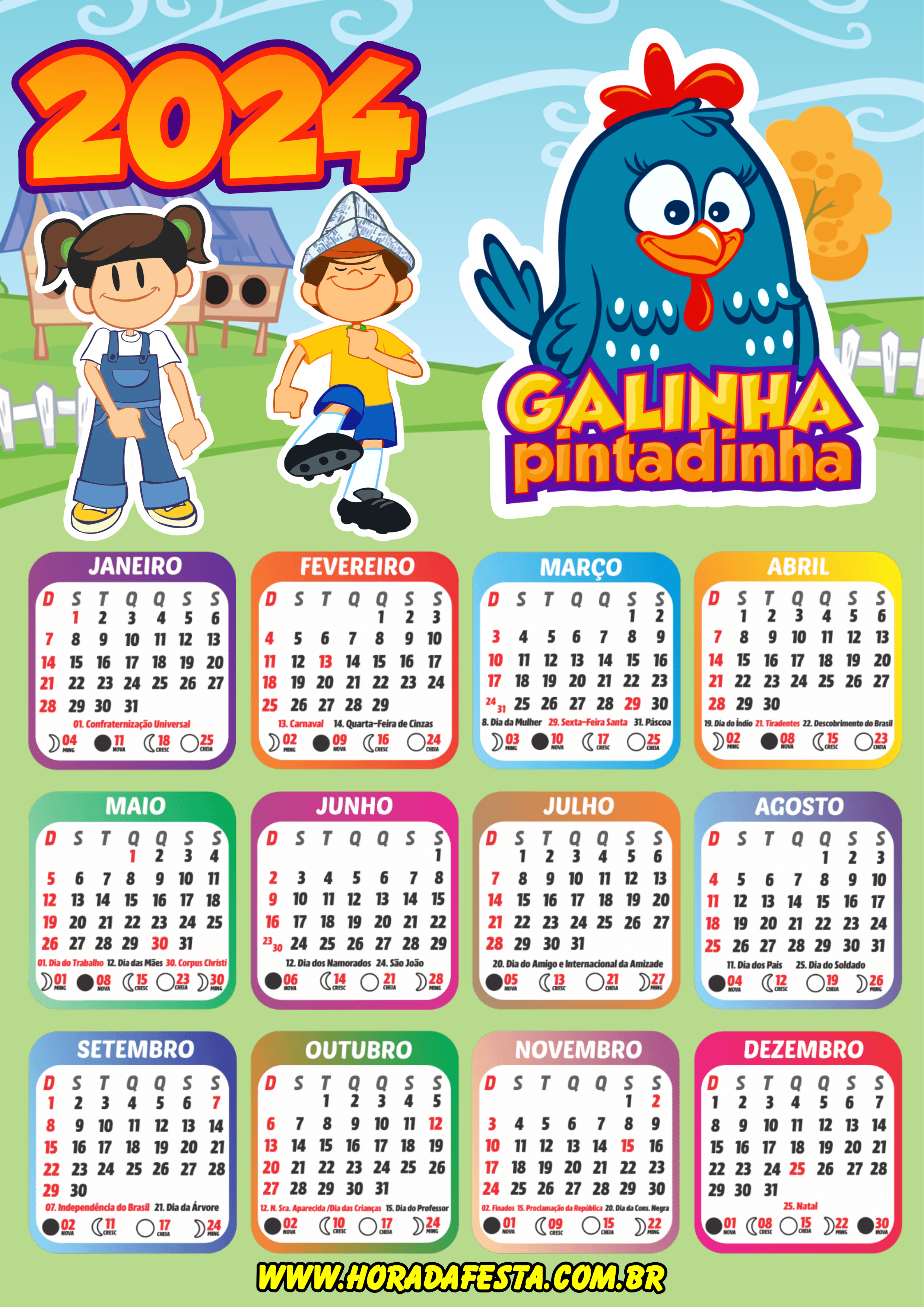 Turma da galinha pintadinha calendário 2024 desenho infantil artes gráficas design png
