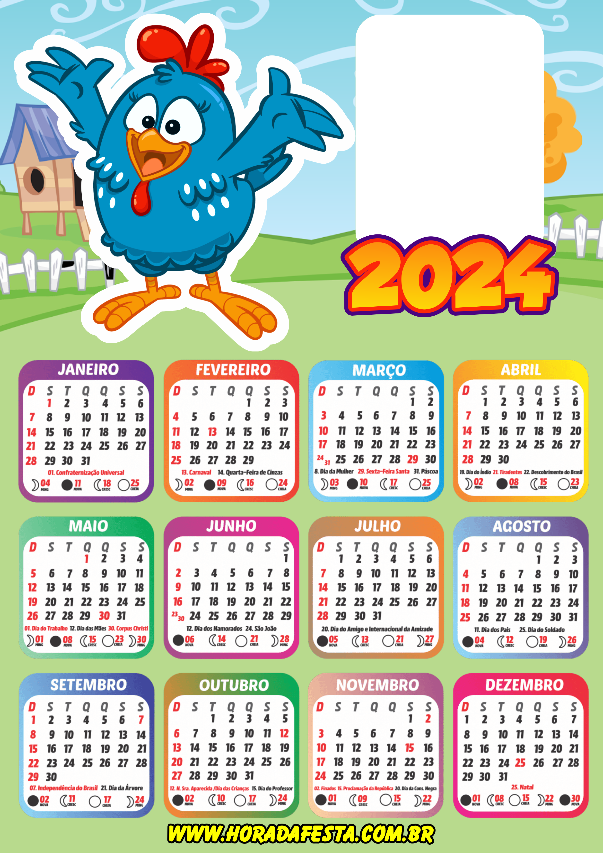 Galinha pintadinha calendário 2024 porta retrato personalizados png