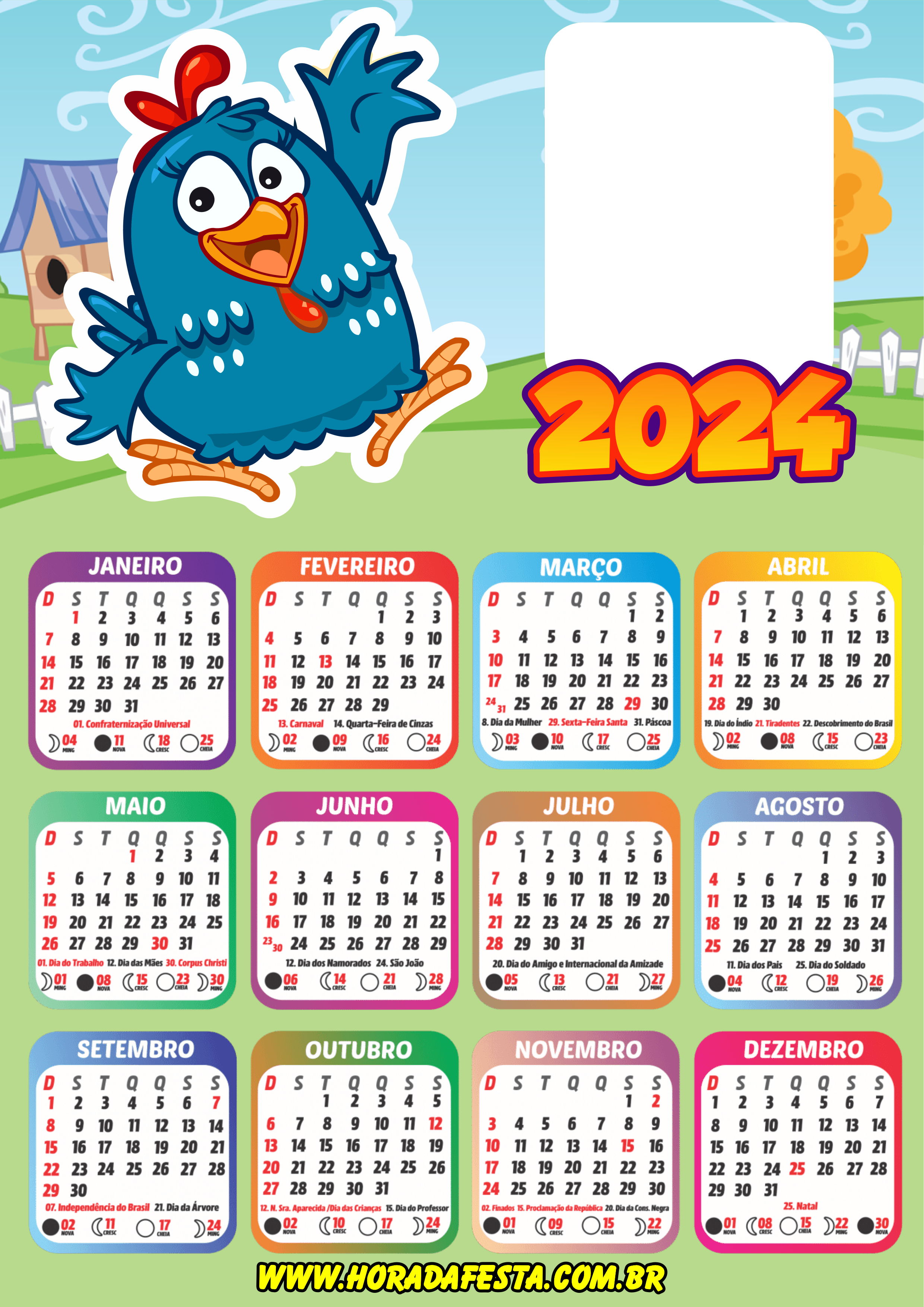 Galinha pintadinha calendário 2024 porta retrato renda extra com personalizados png