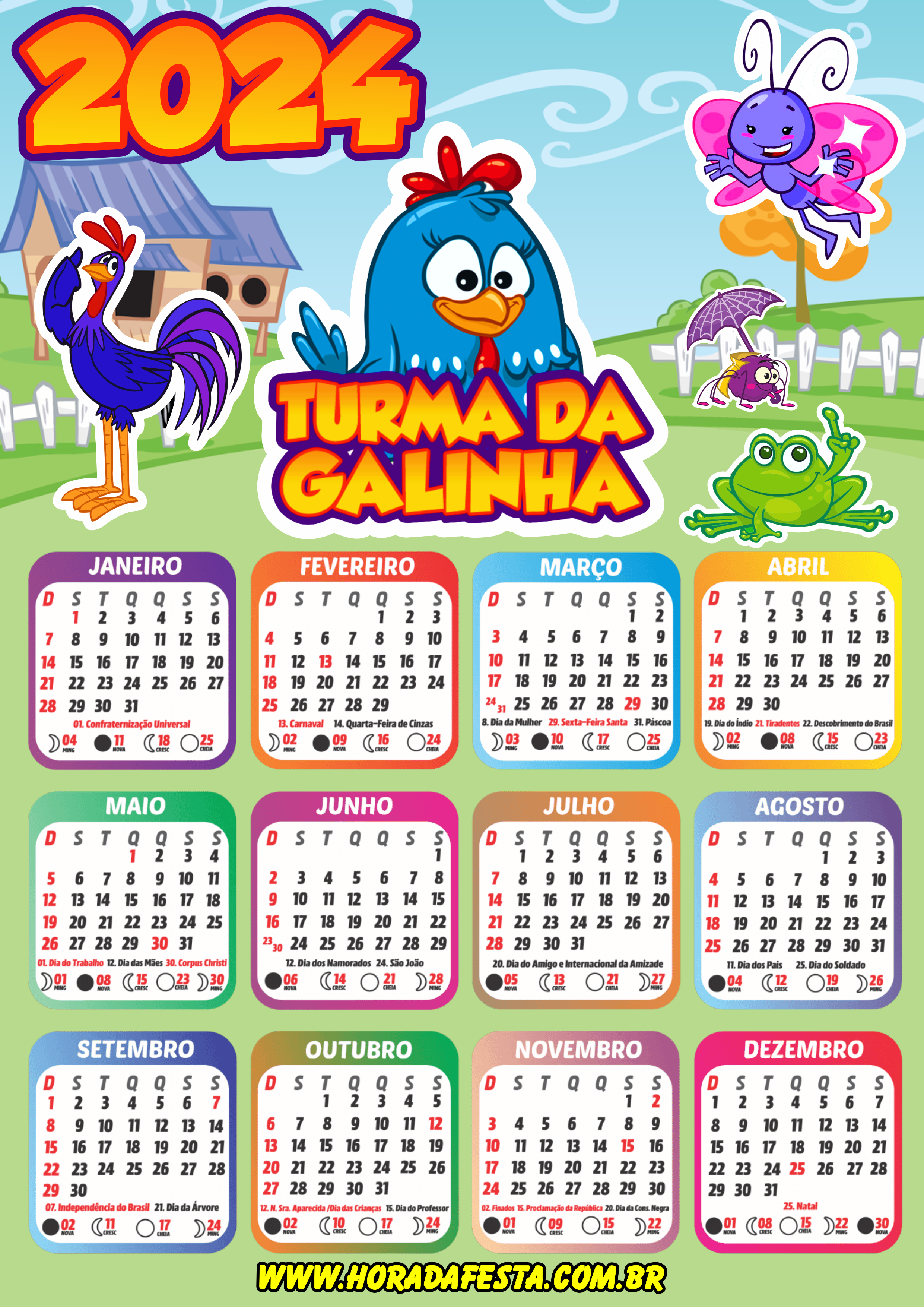 Turma da galinha pintadinha calendário 2024 desenho infantil datas png