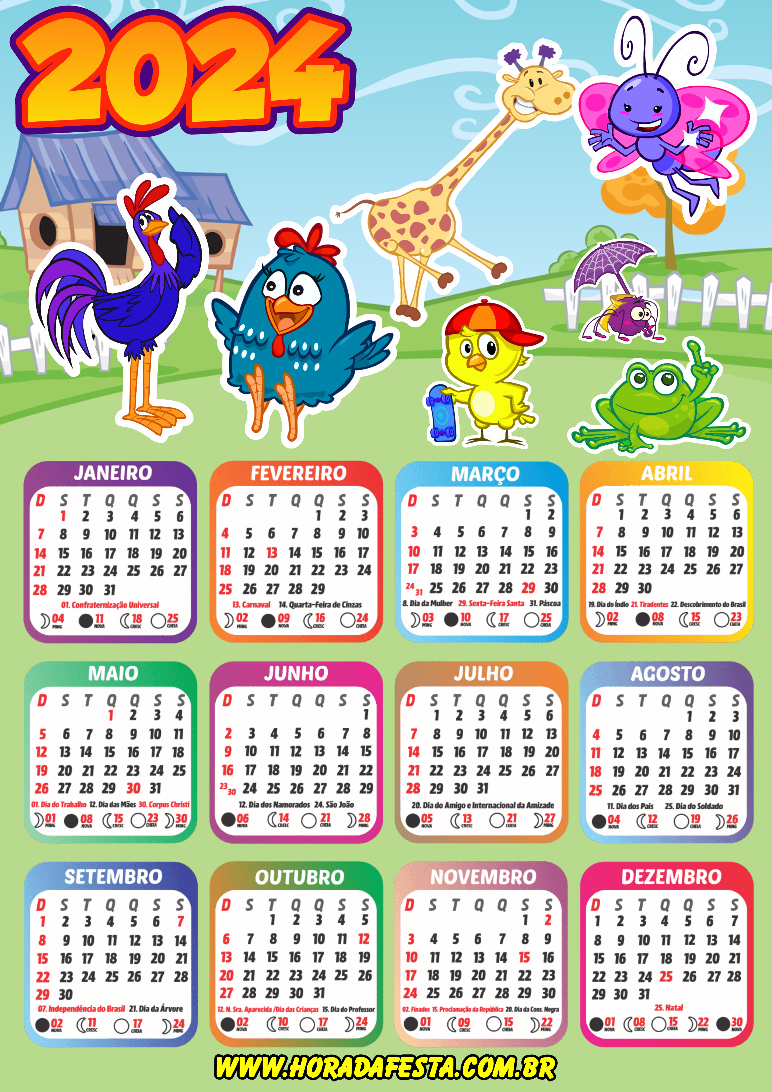 Turma da galinha pintadinha calendário 2024 desenho infantil artes gráficas png