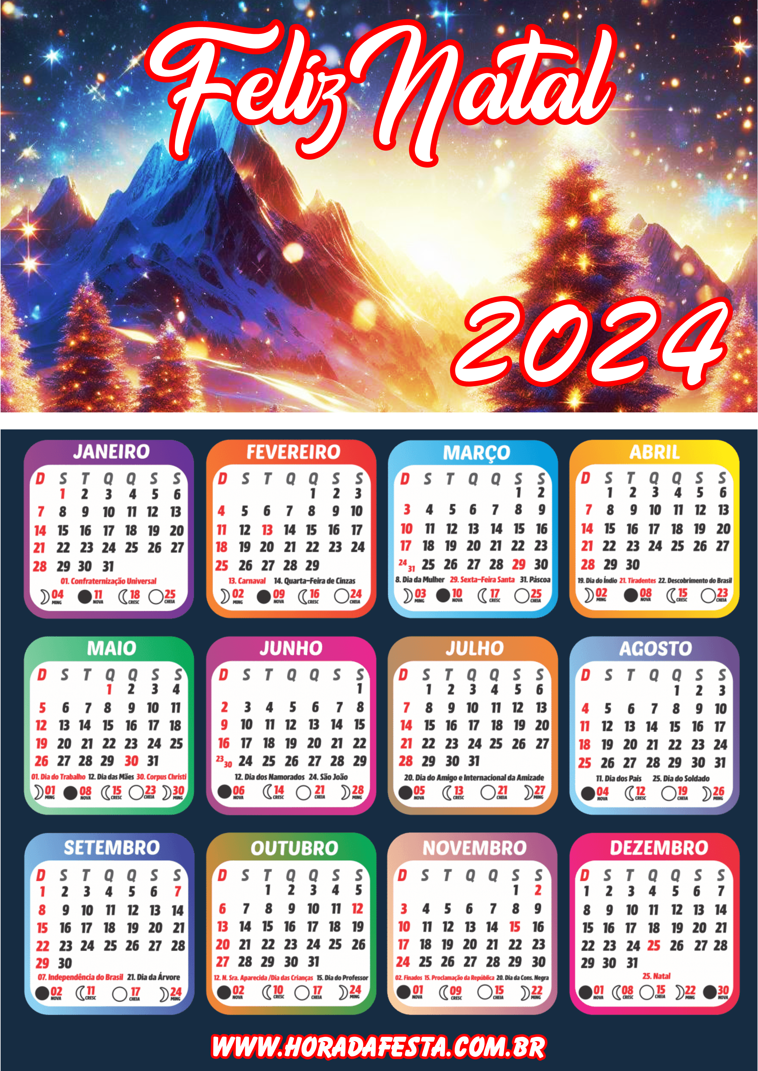 Calendário 2024 feliz natal artigos de papelaria artes gráficas pack de imagens png