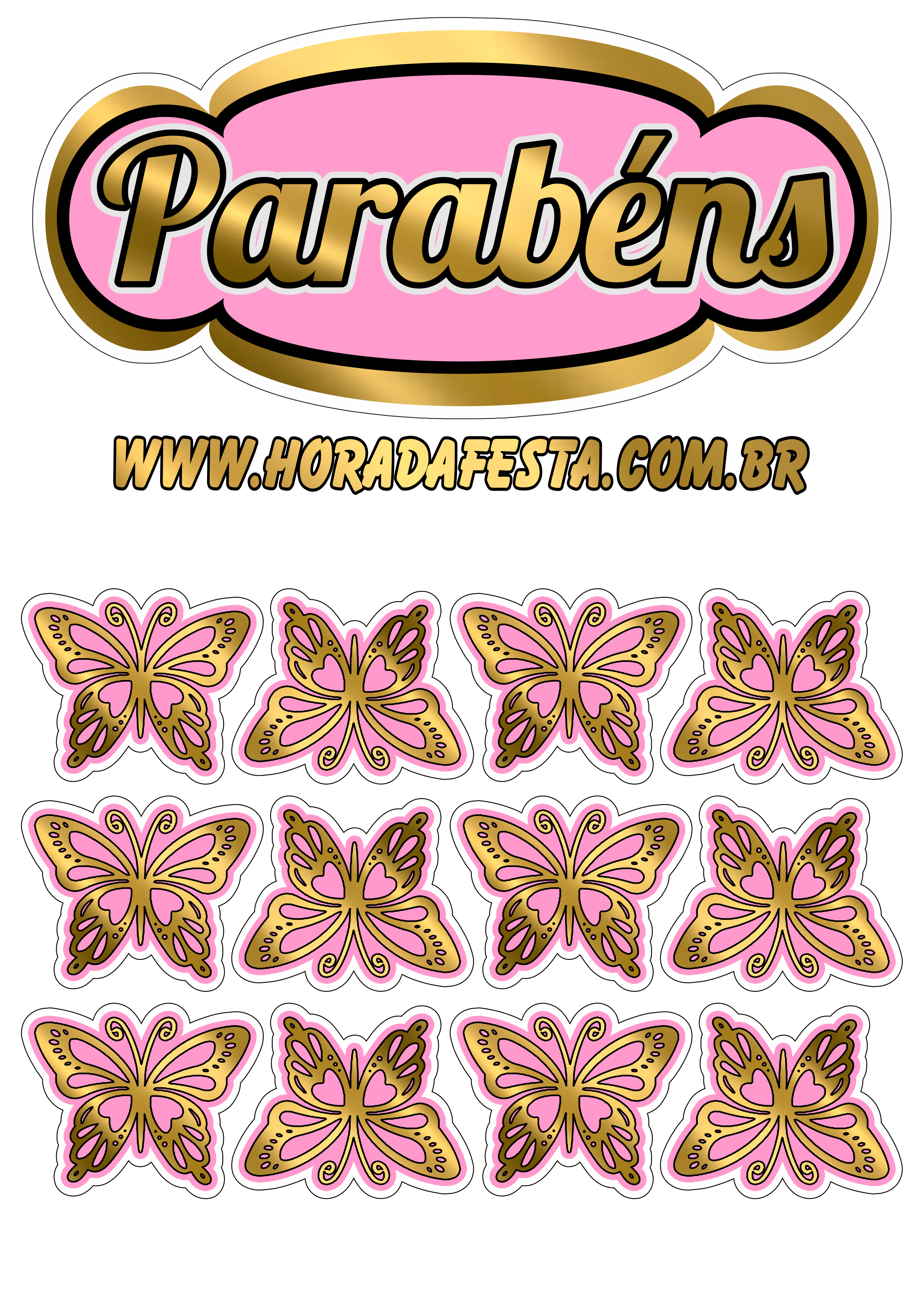 Topo de bolo grátis dourado com rosa borboletas aniversário personalizado png