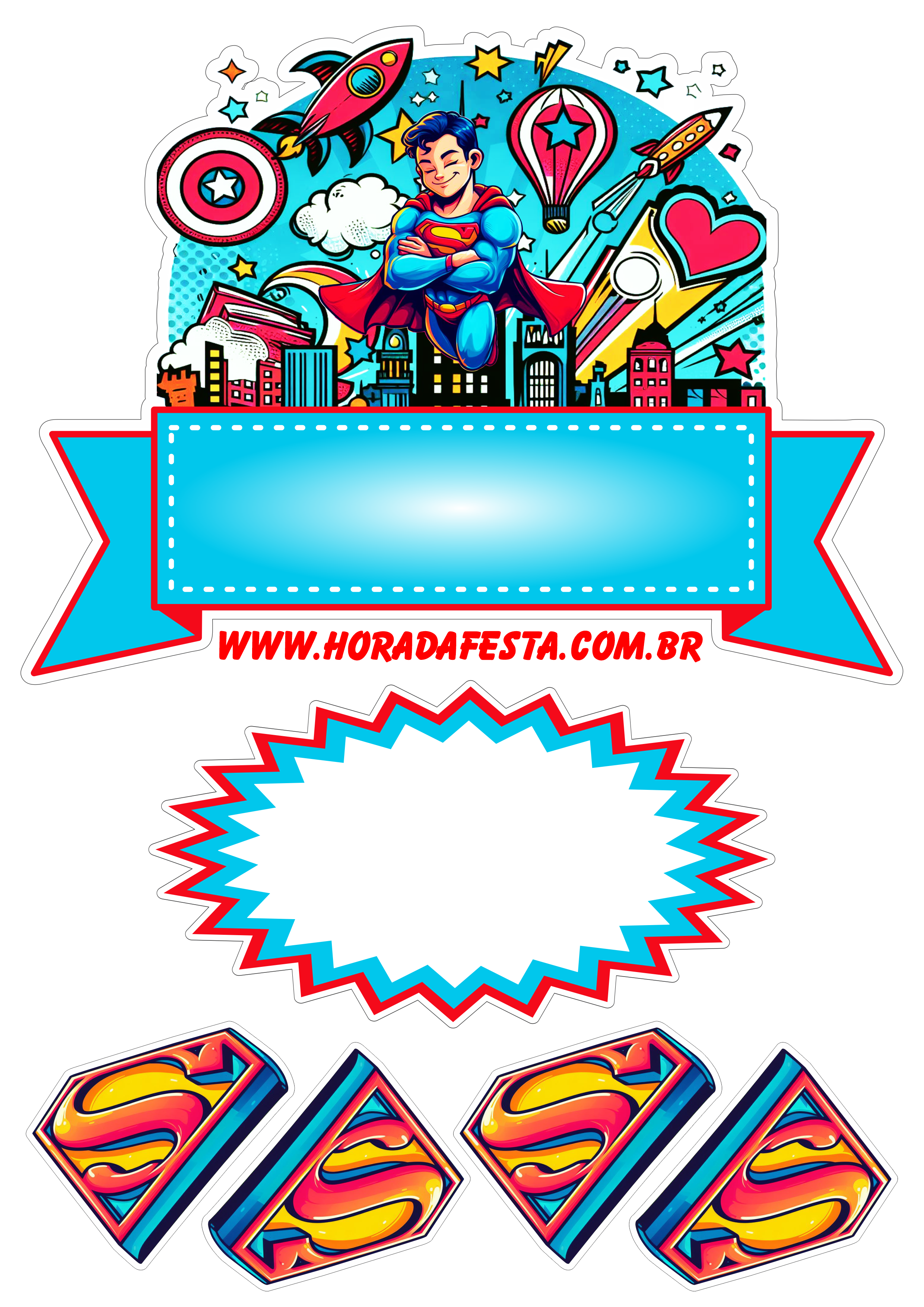 Topo de bolo para festa de aniversário tema Super Homem história em quadrinhos dc comics renda extra png