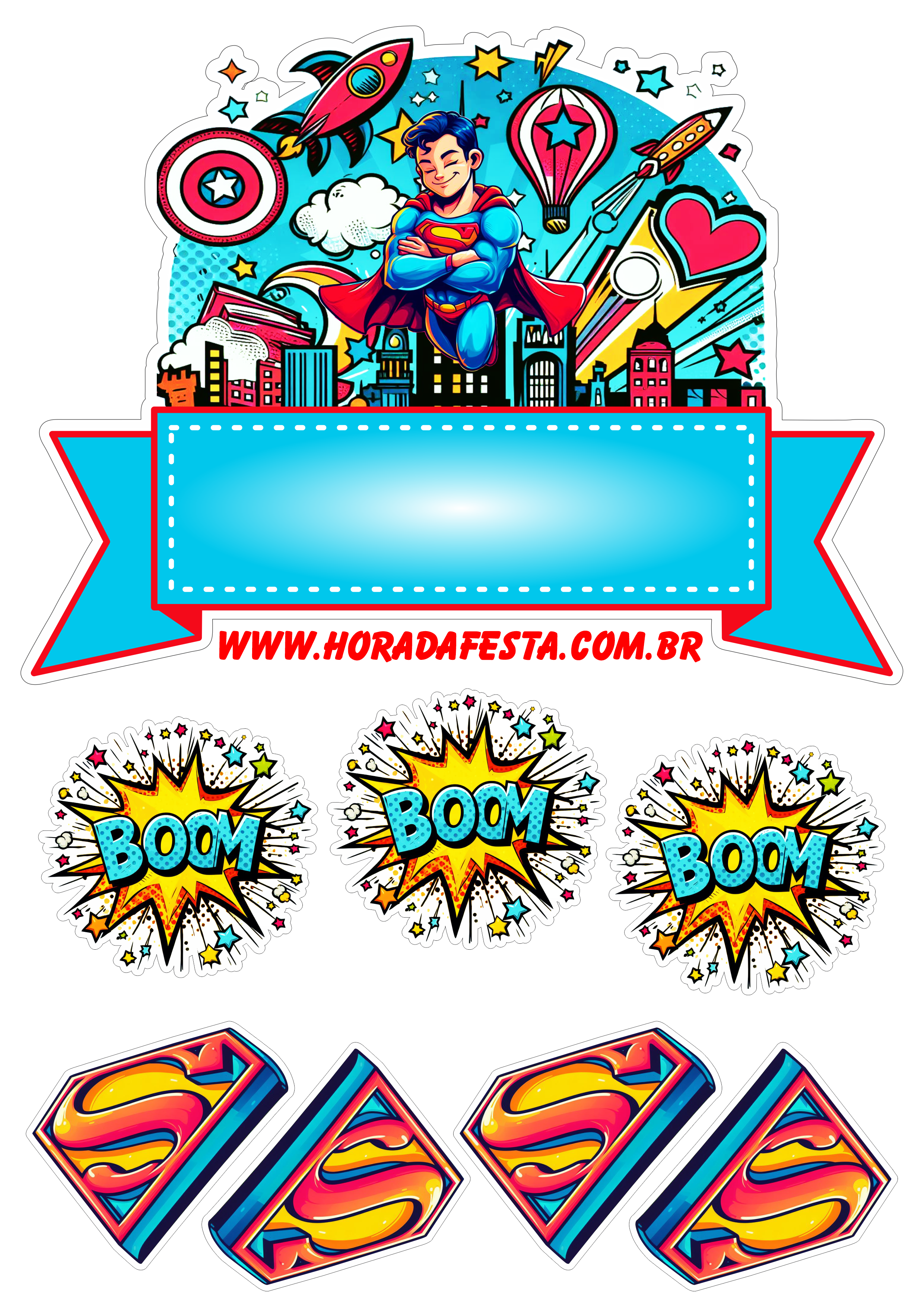 Topo de bolo para festa de aniversário tema Super Homem história em quadrinhos dc comics renda extra com personalizados png