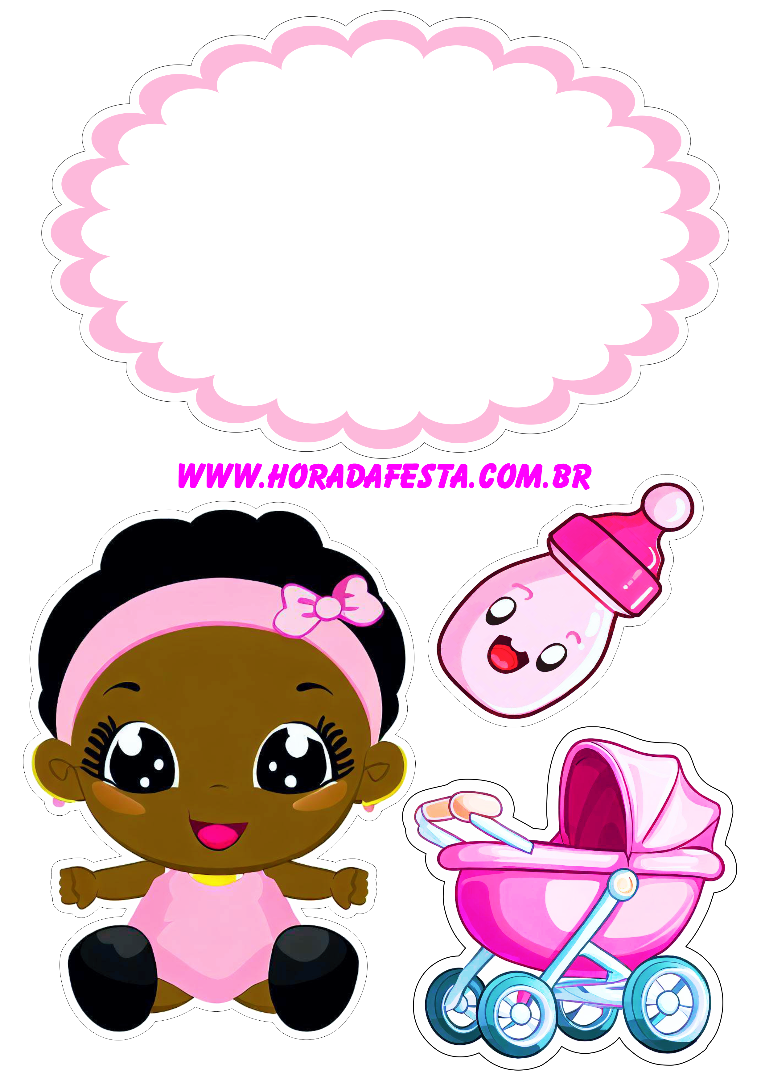 Topo de bolo para imprimir menina moreninha com roupinha rosa decoração de aniversário e mesversário png