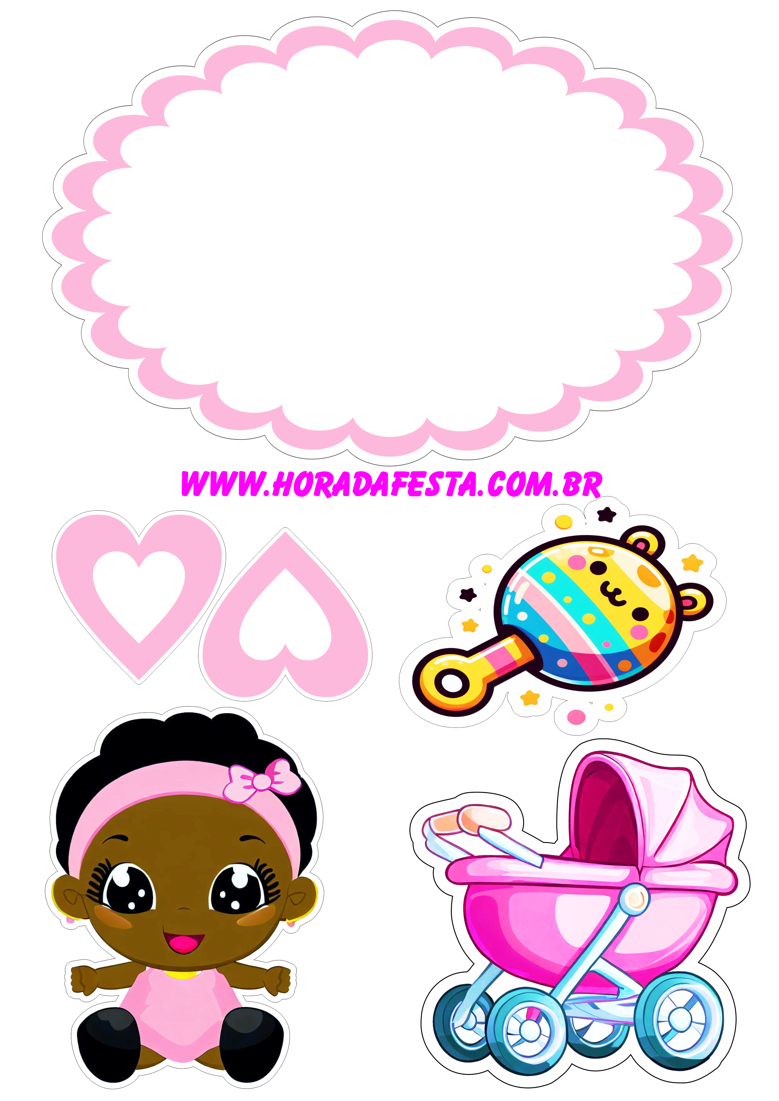 Topo de bolo para imprimir menina moreninha com roupinha rosa decoração de aniversário e mesversário festa pronta png