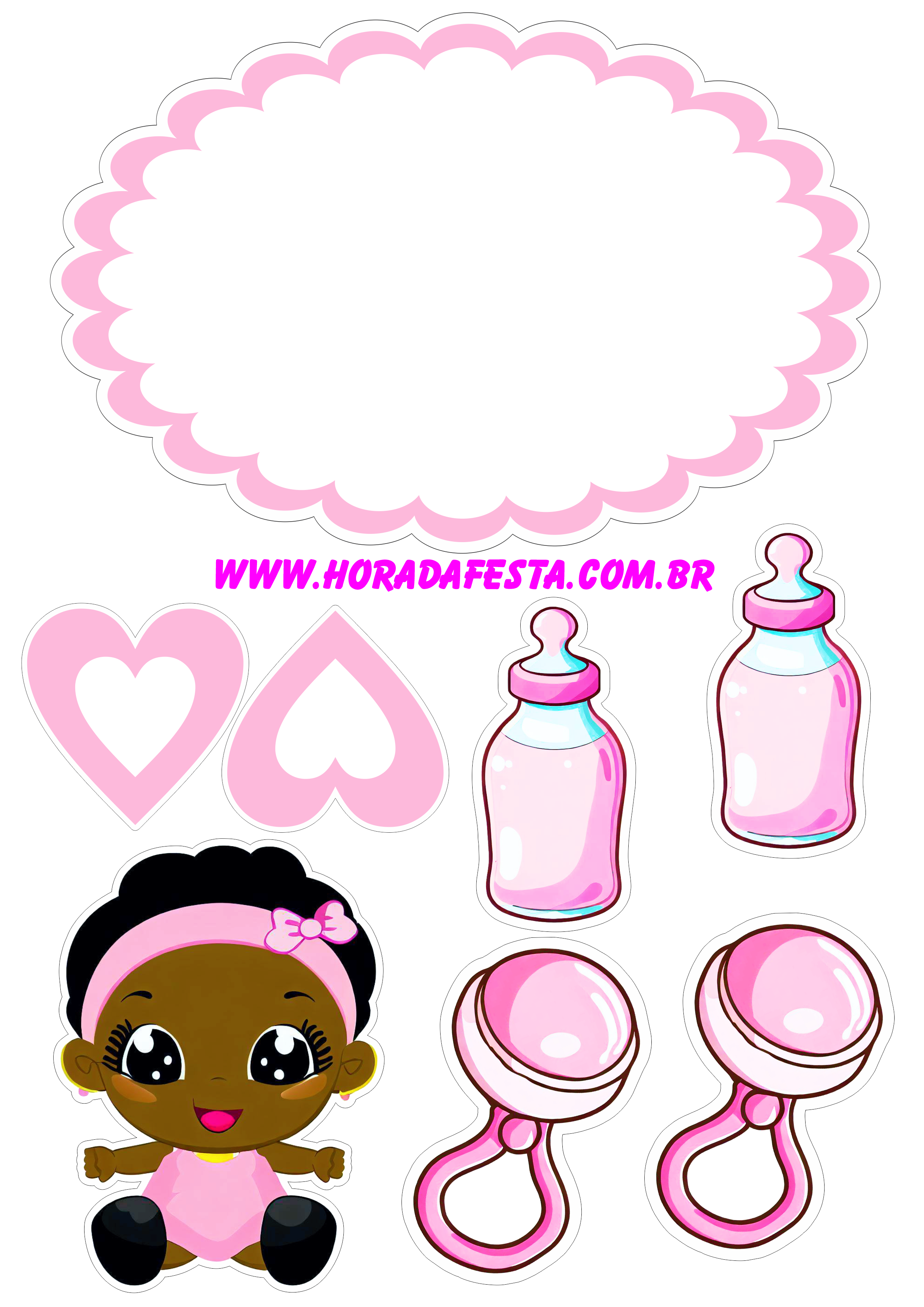 Topo de bolo para imprimir menina moreninha com roupinha rosa decoração de aniversário e mesversário artigos de papelaria png
