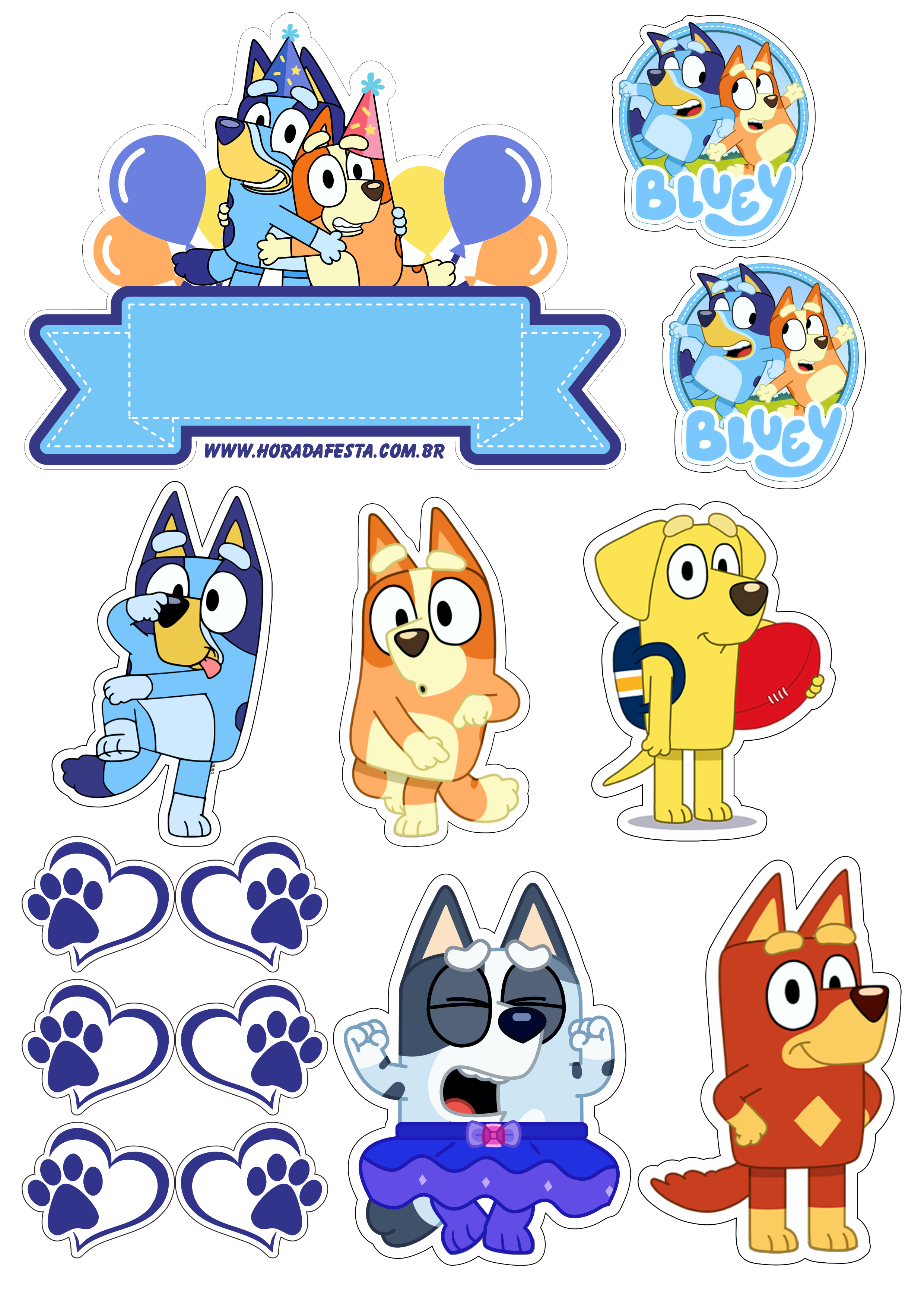 Topo de bolo para imprimir Bluey e sua turma desenho disney animação cachorrinhos aniversário infantil festa pronta decoração png