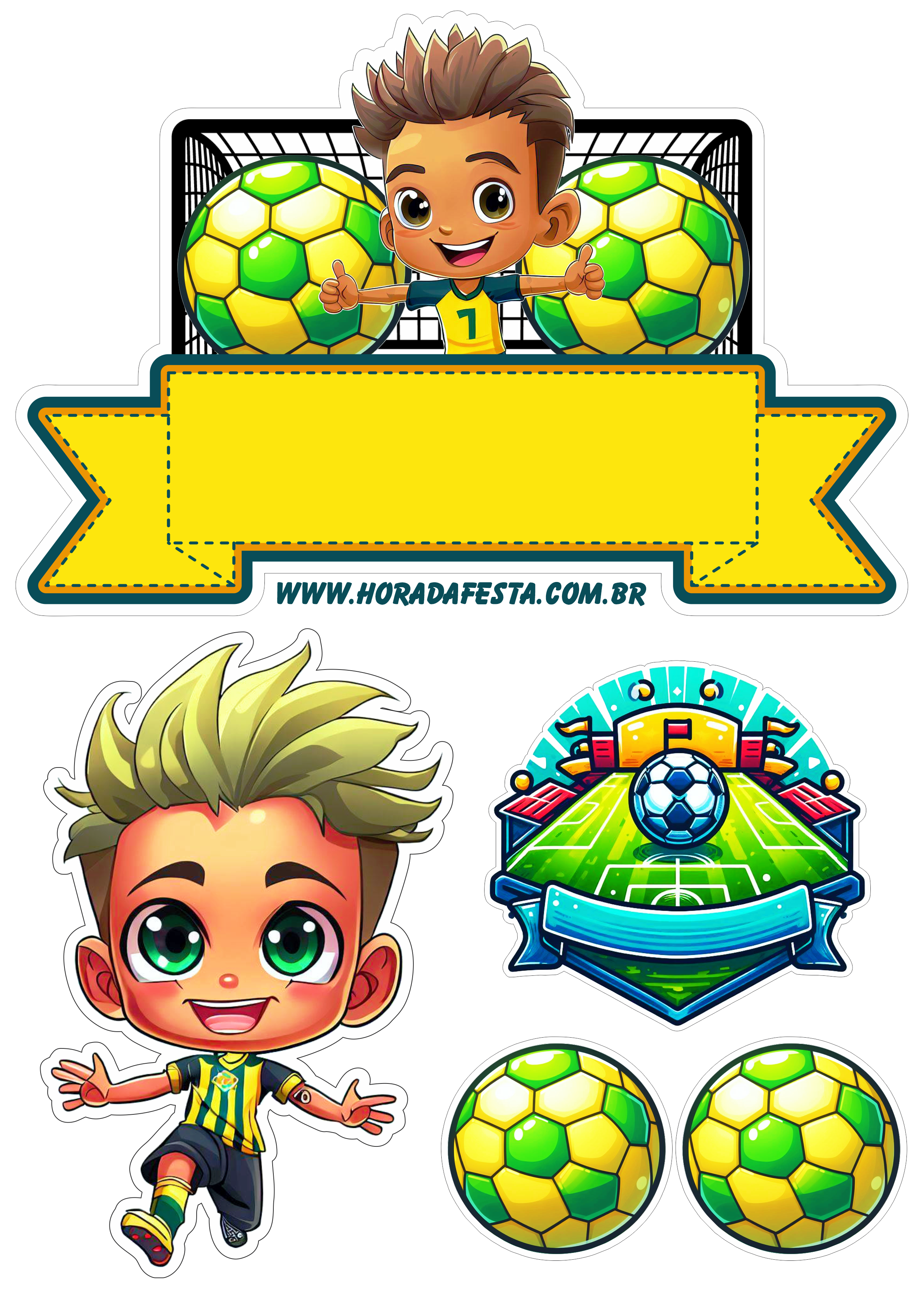 Topo de bolo de aniversário infantil tema futebol verde e amarelo Neymar png