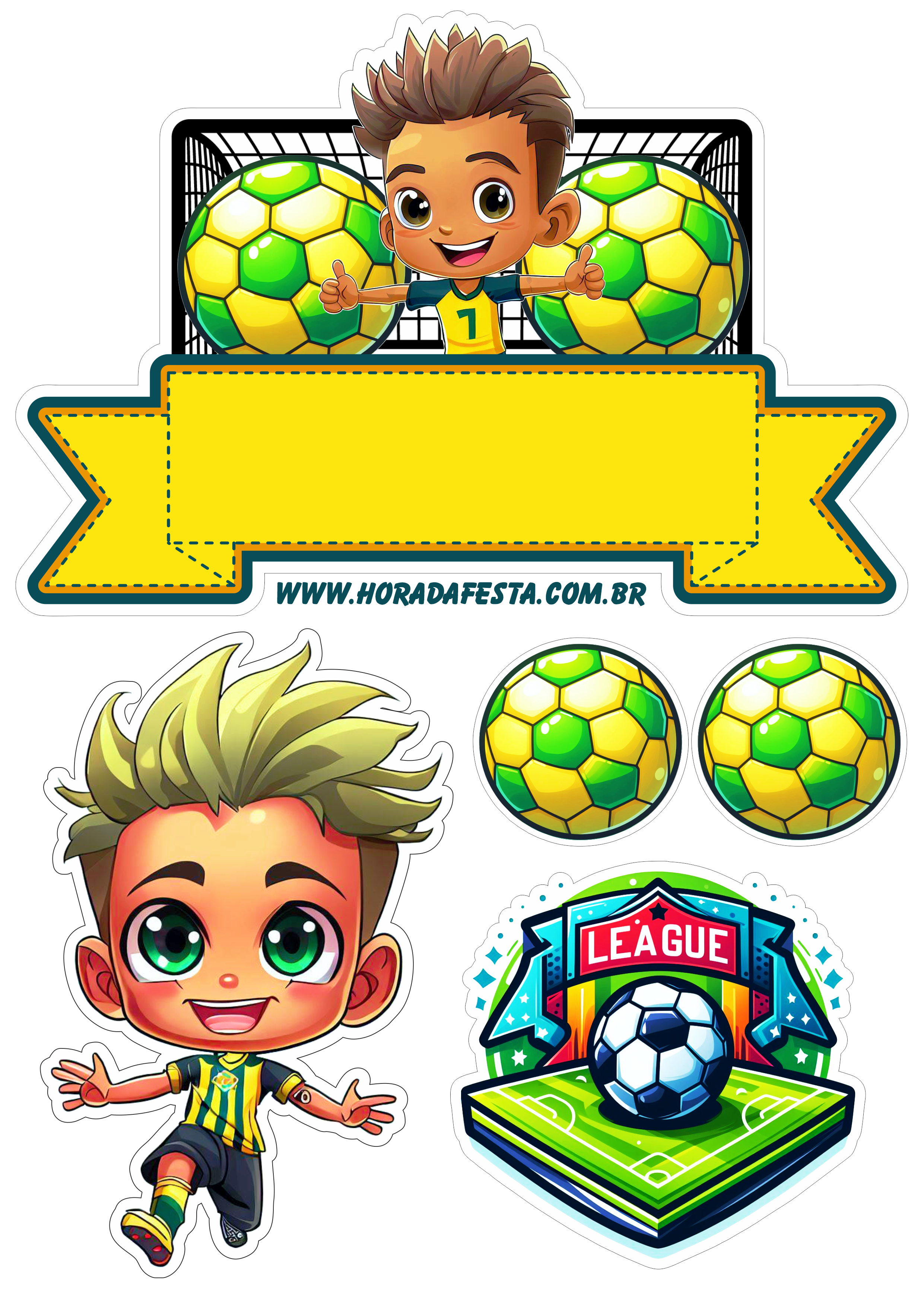 Topo de bolo de aniversário infantil tema futebol verde e amarelo menino Neymar png