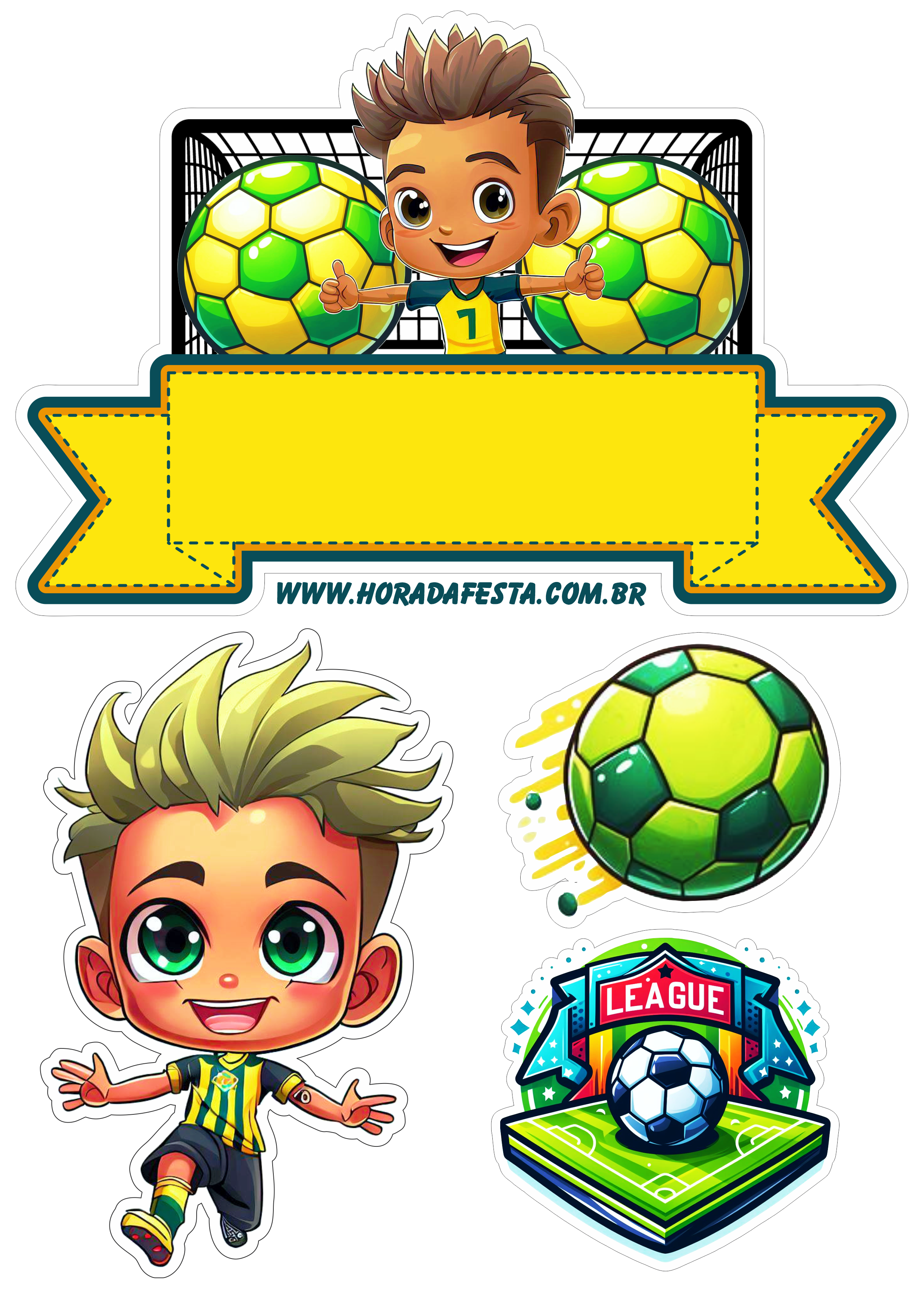 Topo de bolo de aniversário infantil tema futebol verde e amarelo menino Neymar campeão png