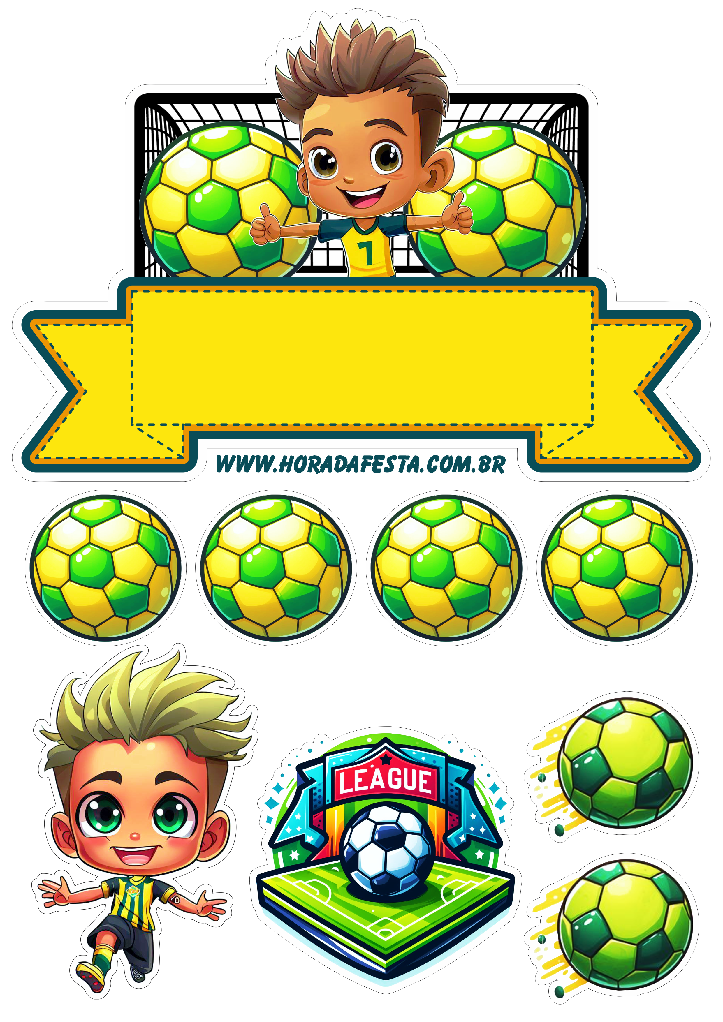 Topo de bolo de aniversário infantil tema futebol verde e amarelo menino Neymar campeão fazendo a nossa festa png