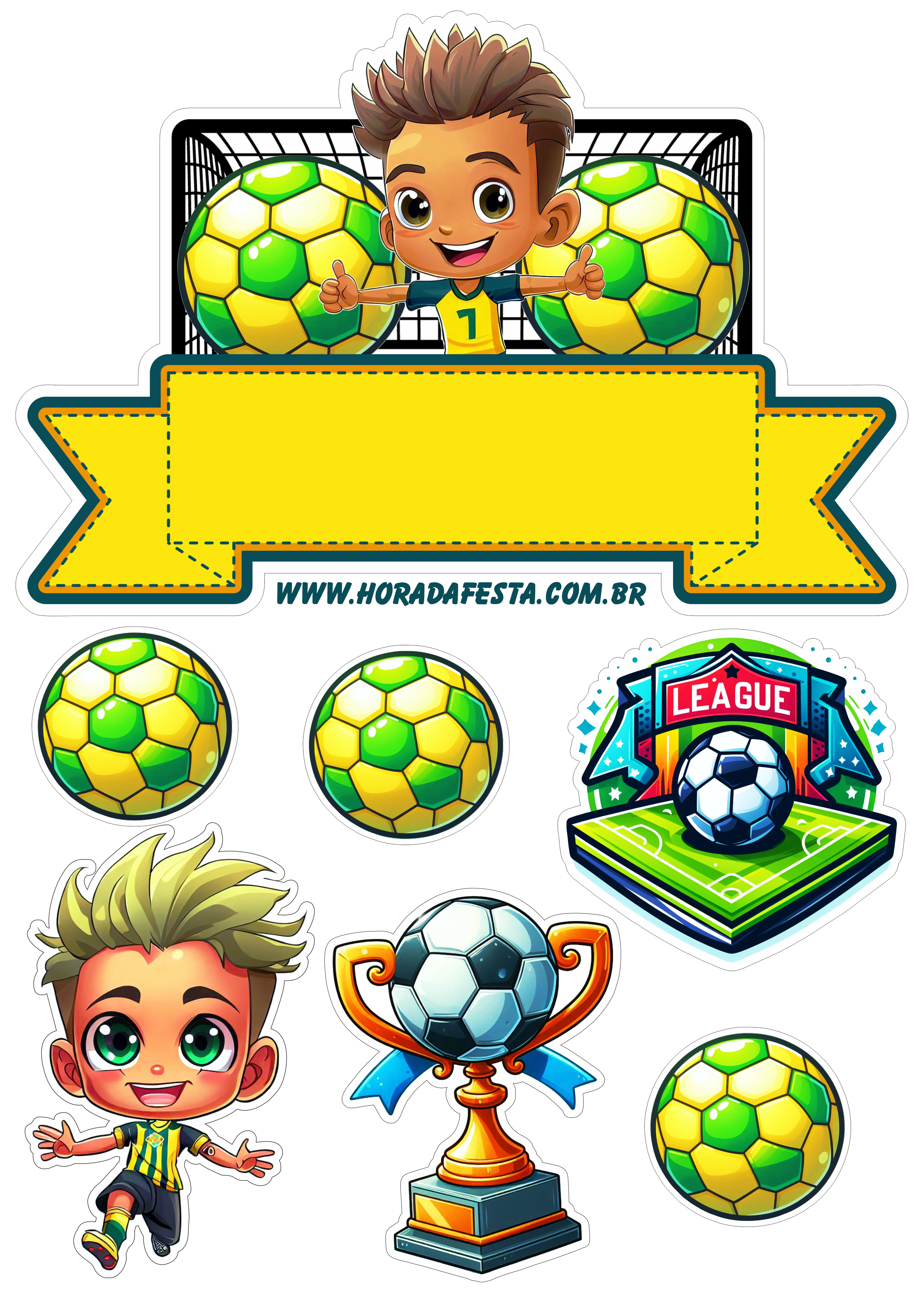 Topo de bolo de aniversário infantil tema futebol verde e amarelo menino Neymar campeão festa pronta png