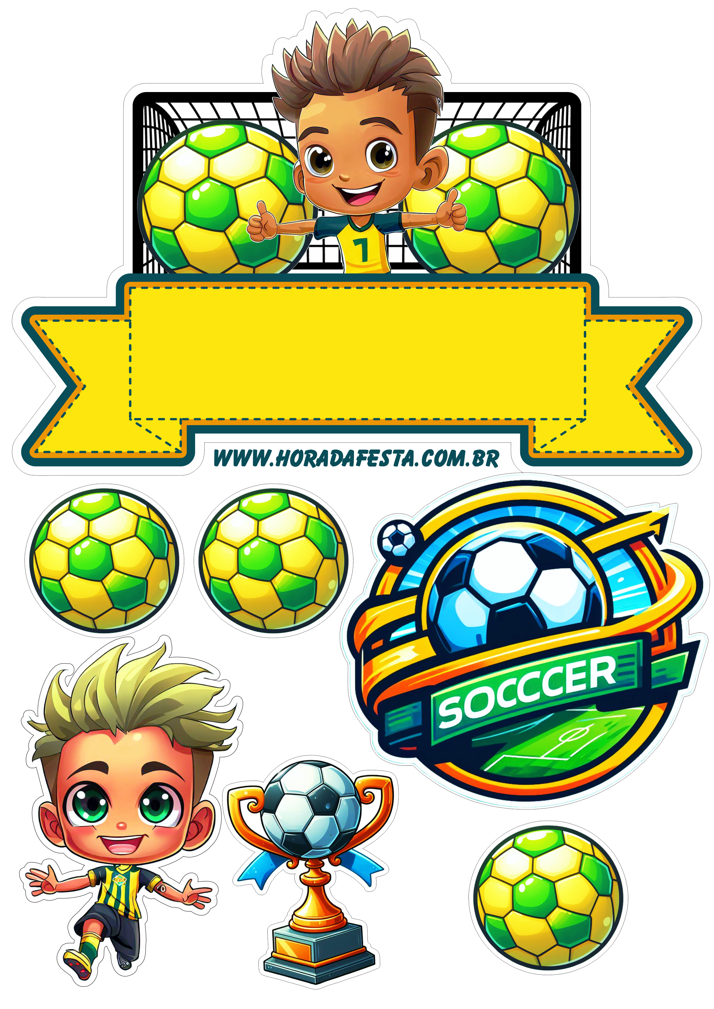 Topo de bolo de aniversário infantil tema futebol verde e amarelo menino Neymar campeão festa pronta grátis png