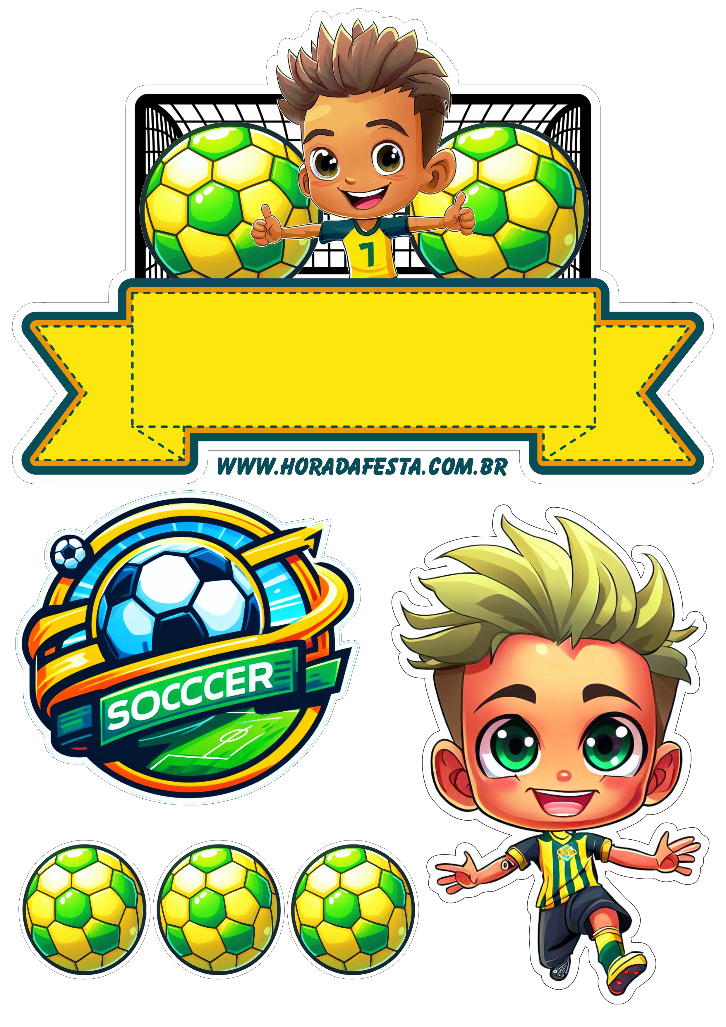 Topo de bolo de aniversário infantil tema futebol verde e amarelo menino Neymar campeão festa pronta artigos de papelaria png