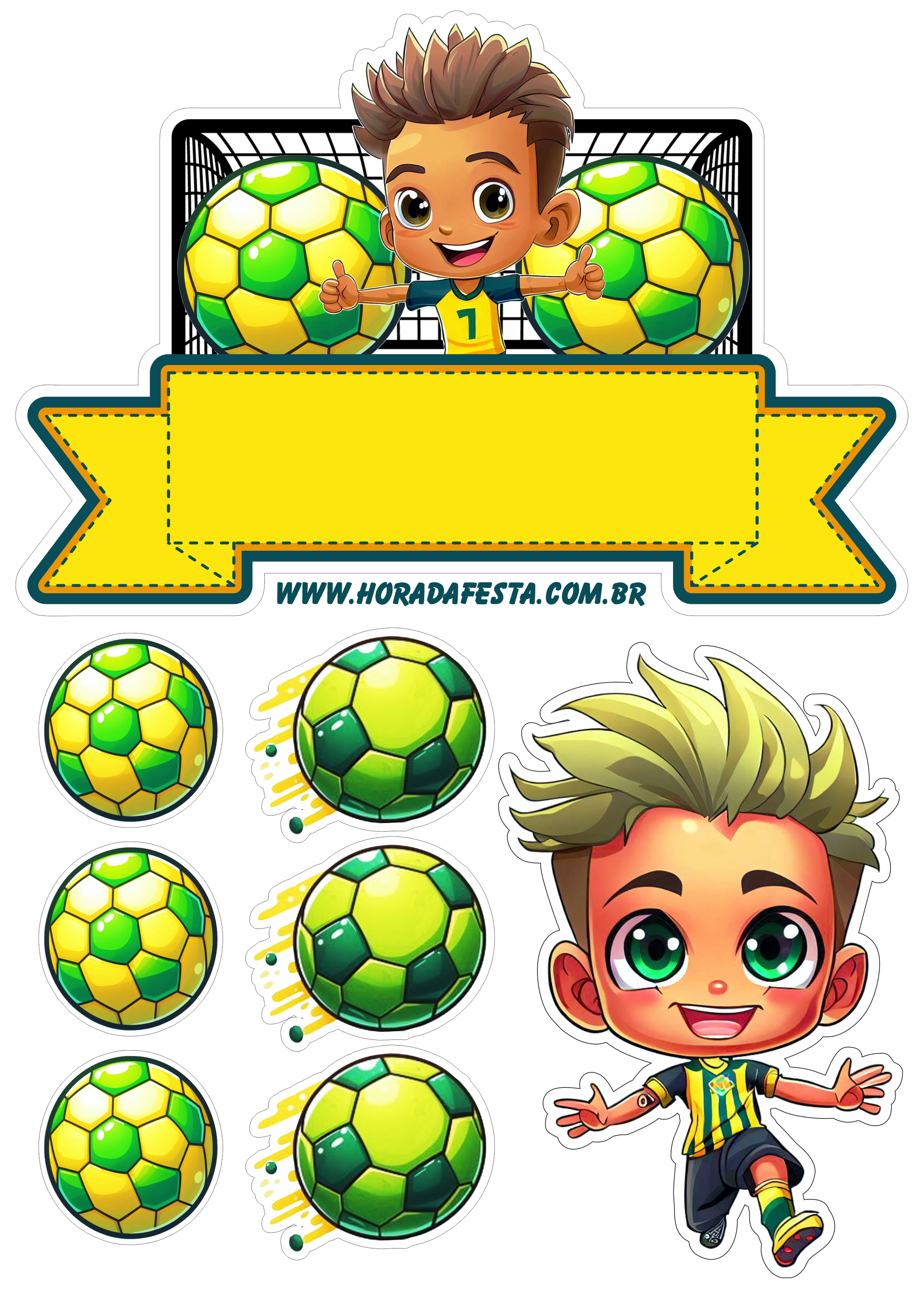Topo de bolo de aniversário infantil tema futebol verde e amarelo menino Neymar campeão festa pronta artigos personalizados png