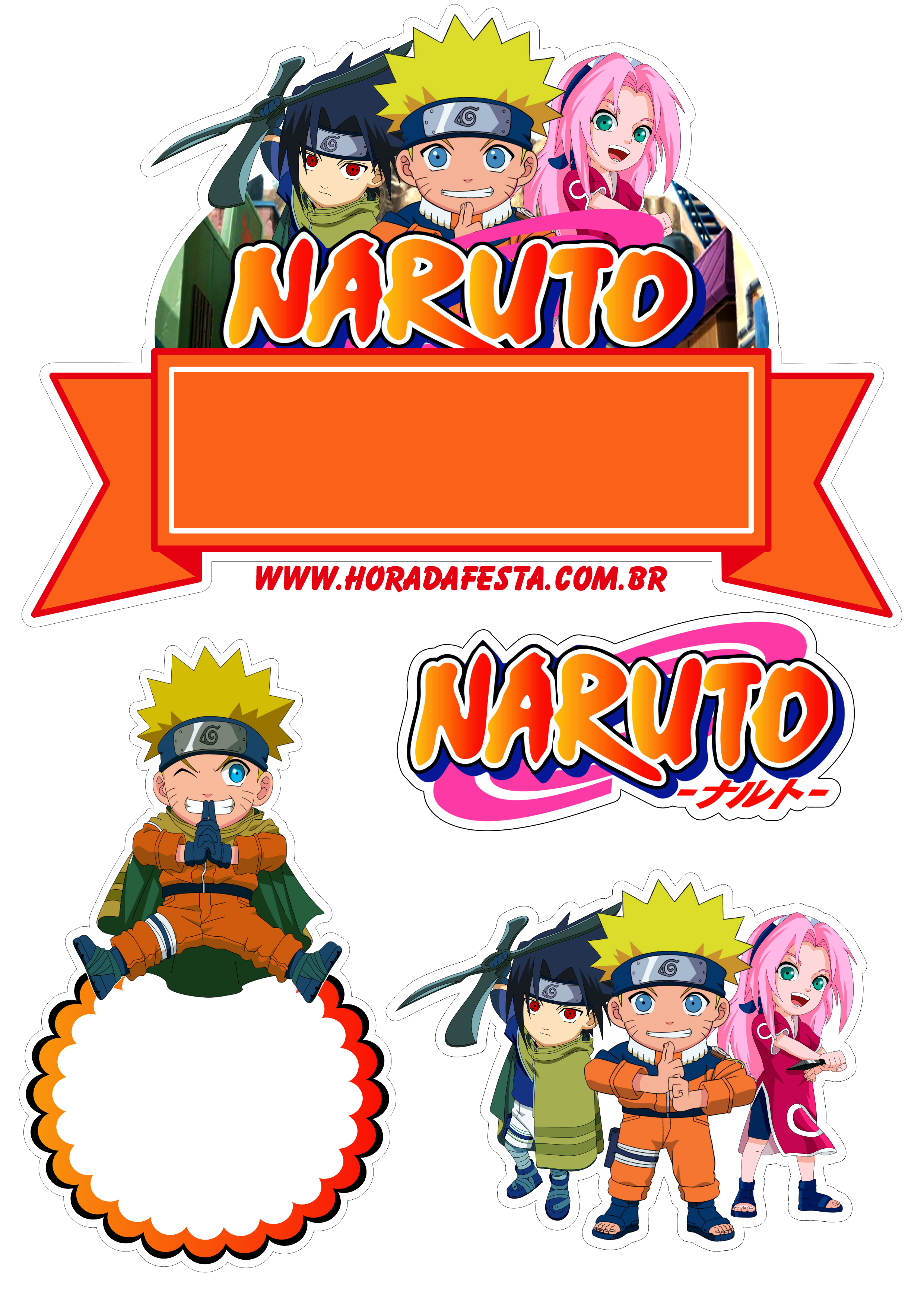 Aniversário infantil topo de bolo para imprimir Naruto clássico time 7  Sasuke e Sakura fazendo a nossa festa png
