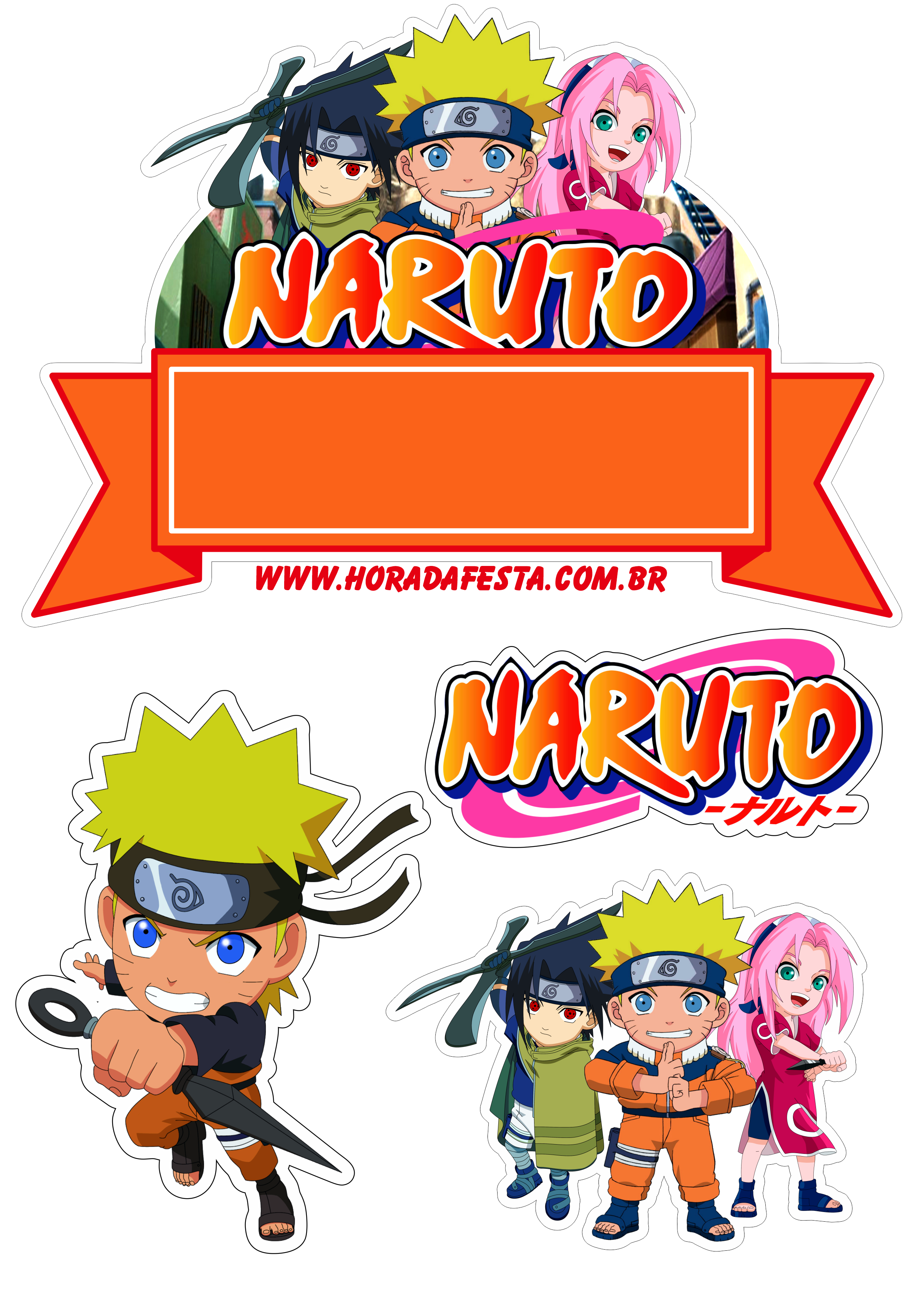 Aniversário infantil topo de bolo para imprimir Naruto clássico time 7 Sasuke e Sakura festa pronta png