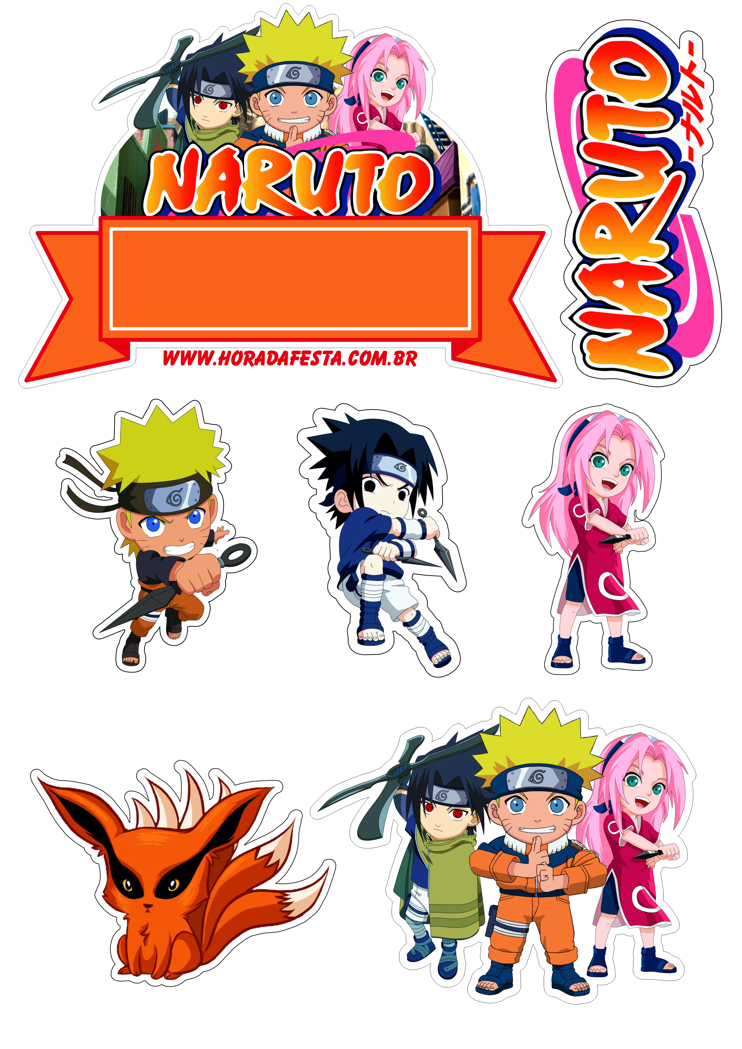 Aniversário infantil topo de bolo para imprimir Naruto clássico time 7 Sasuke e Sakura festa pronta anime png
