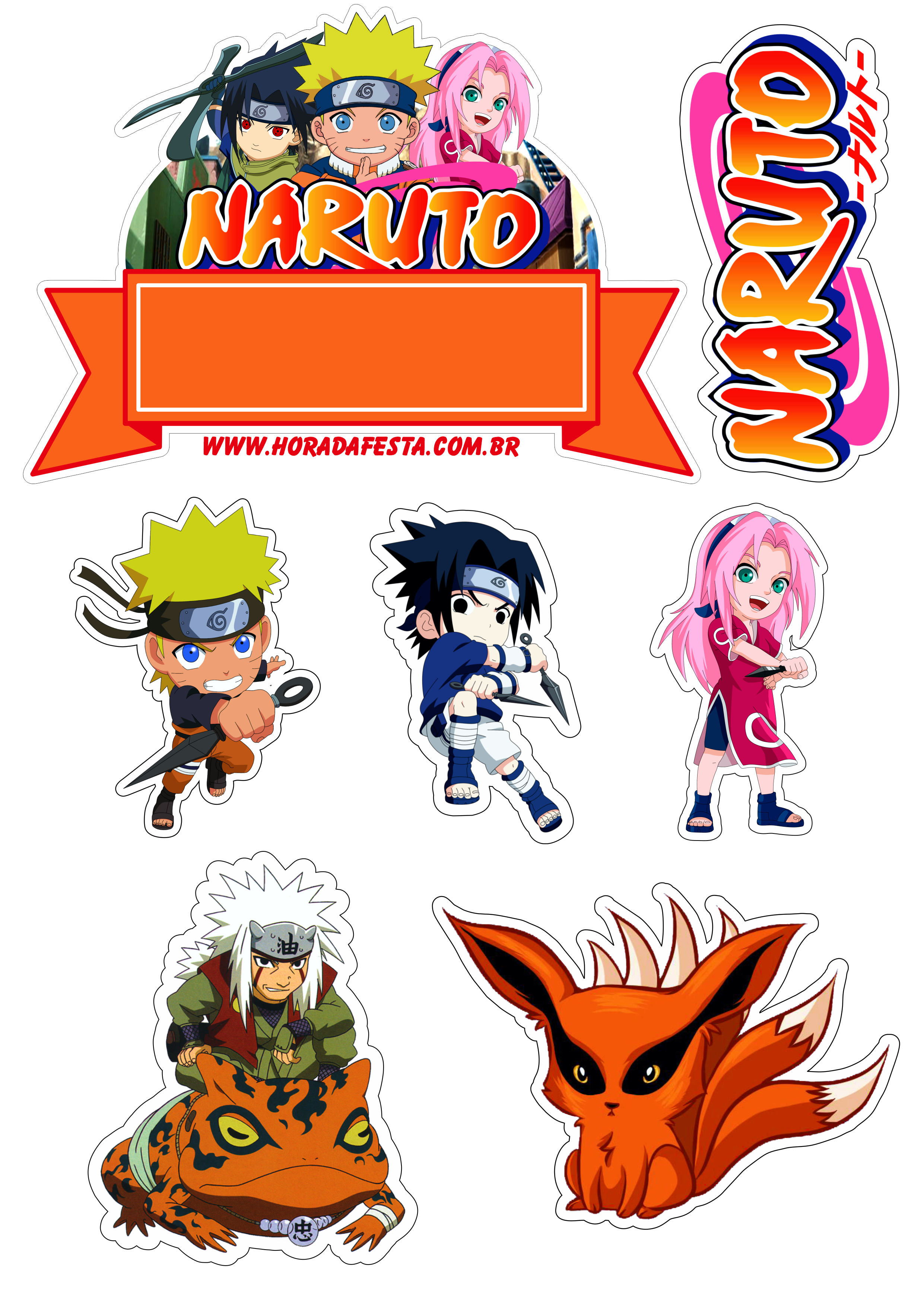 Aniversário infantil topo de bolo para imprimir Naruto clássico Sasuke e Sakura festa pronta anime japonês png