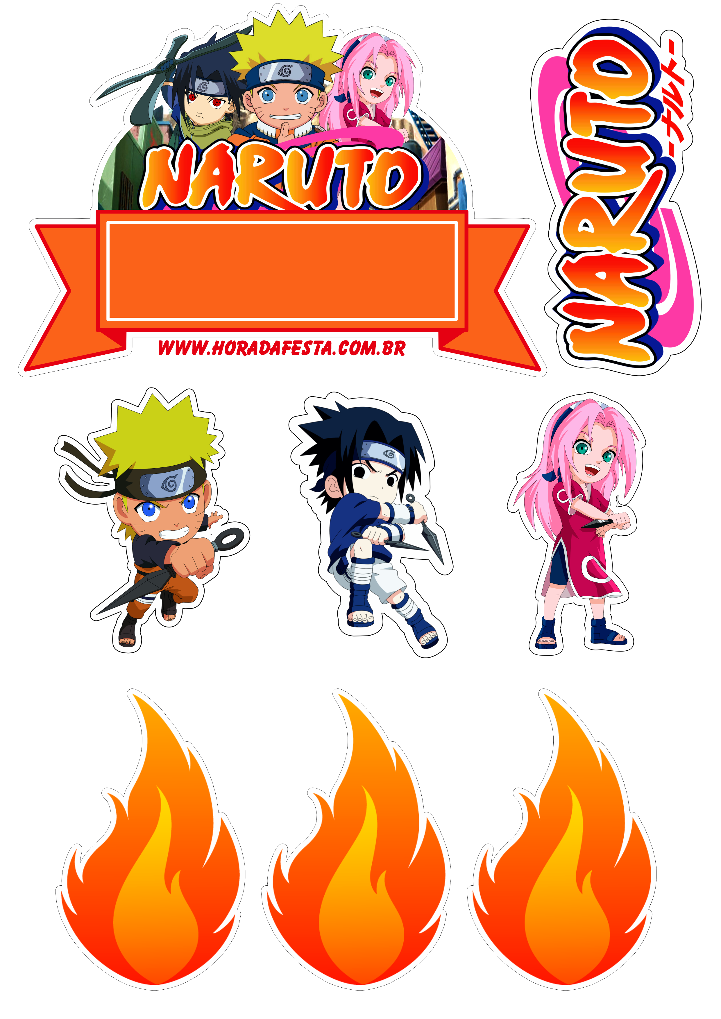 Aniversário infantil topo de bolo para imprimir Naruto clássico Sasuke e Sakura festa pronta anime japonês imagens de recorte png