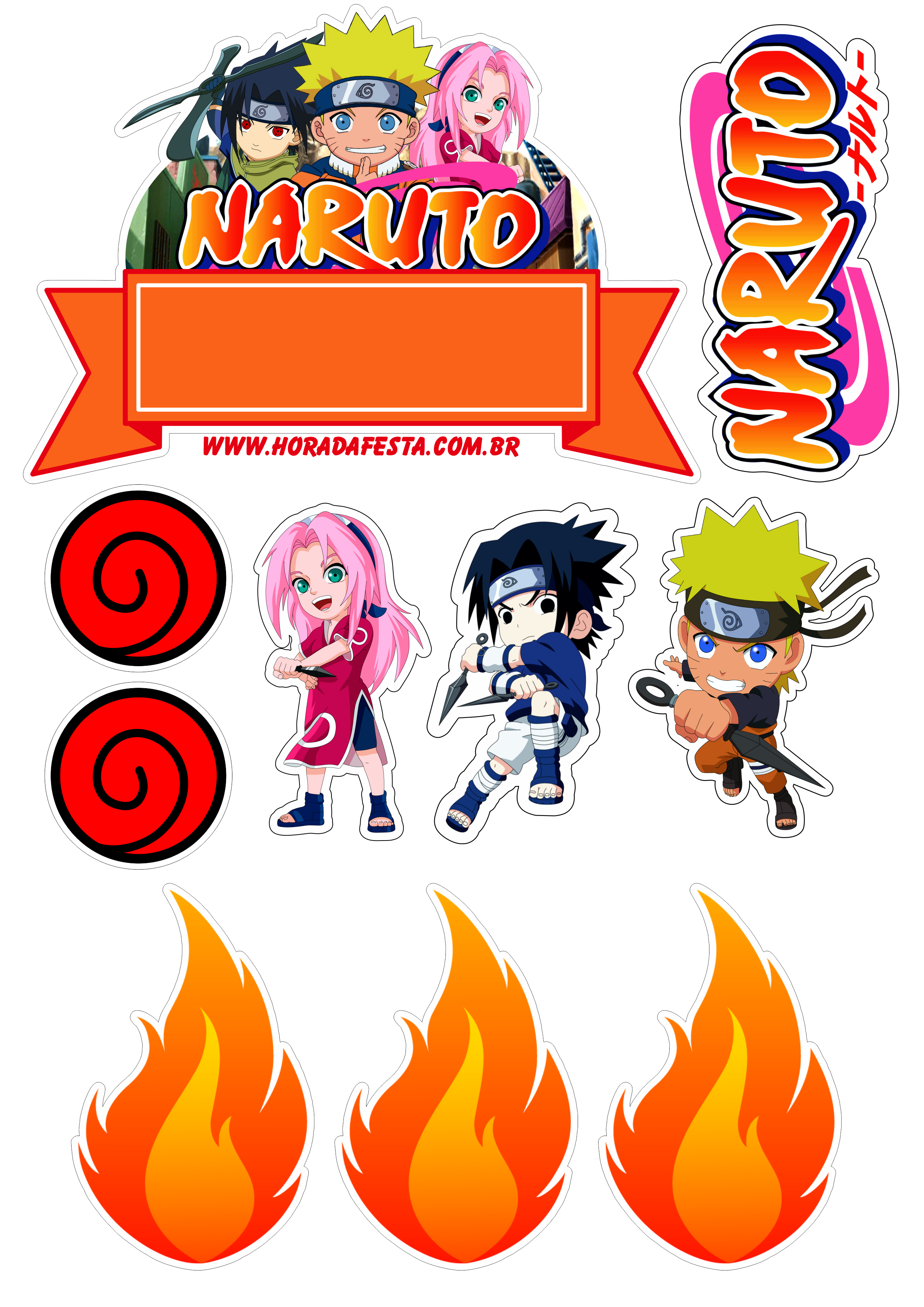 Aniversário infantil topo de bolo para imprimir Naruto clássico Sasuke e Sakura festa pronta anime japonês artigos personalizados png
