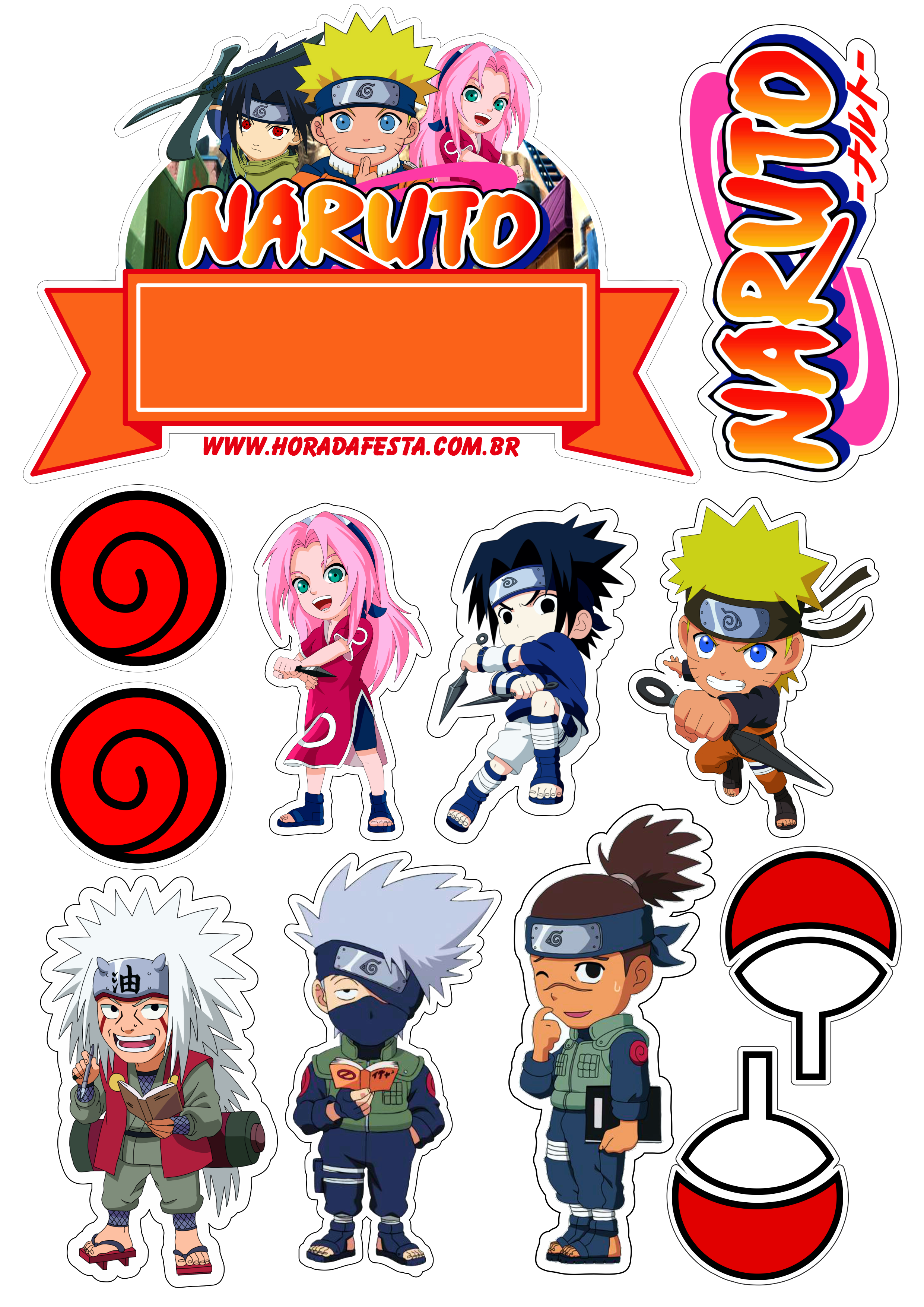 Aniversário infantil topo de bolo para imprimir Naruto clássico Sasuke e Sakura festa pronta anime japonês personagens png