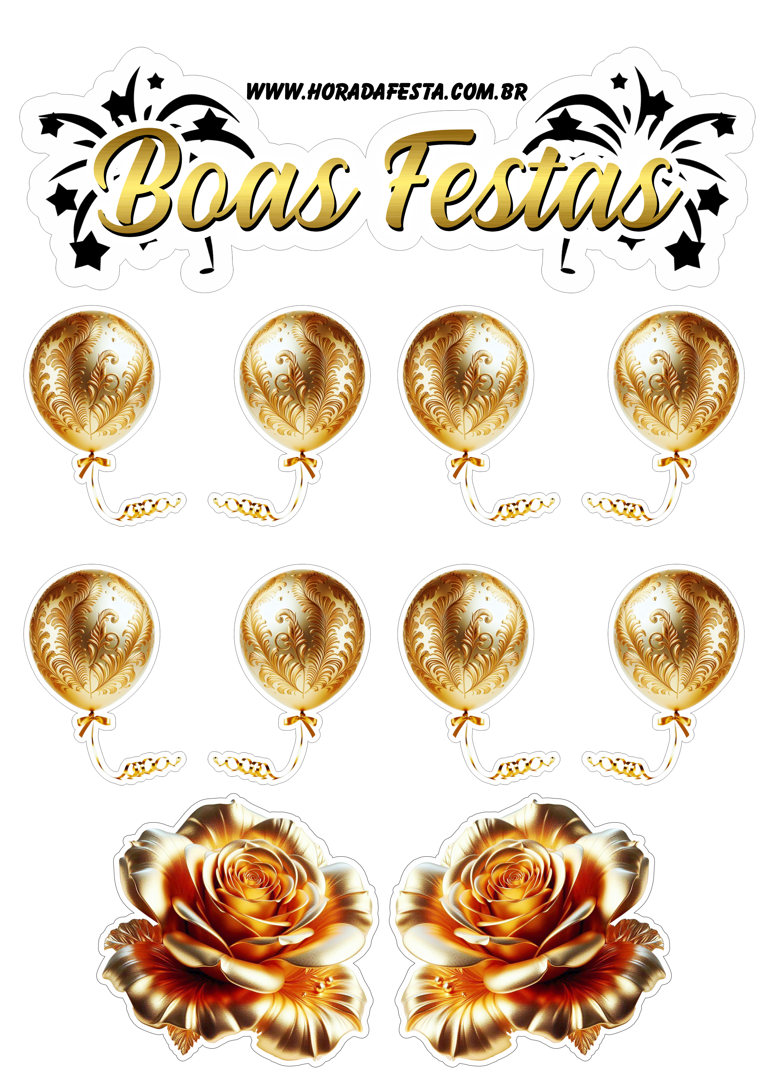 Boas festas topo de bolo para imprimir flores e balões dourados artigos de papelaria decoração personalizada renda extra png