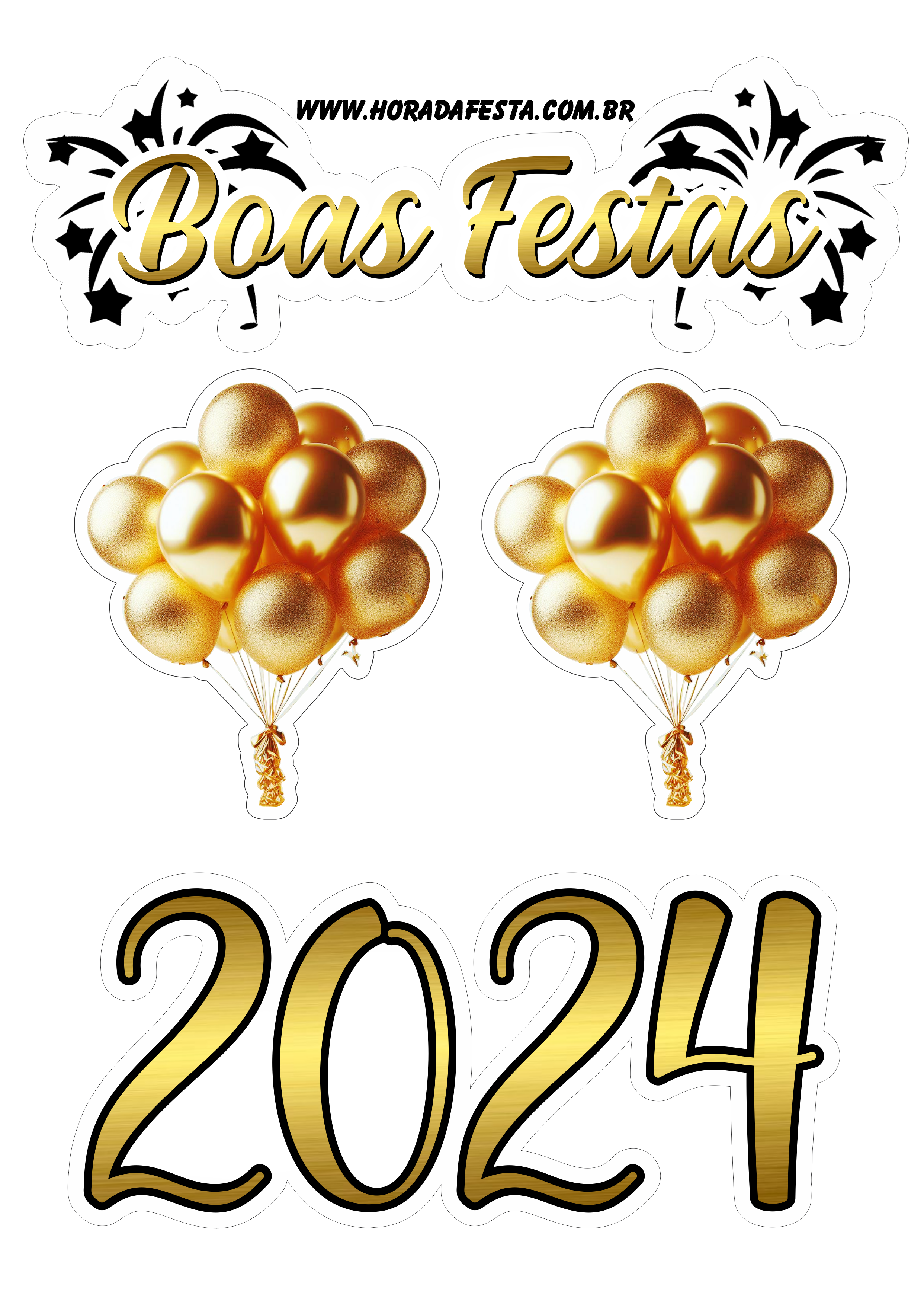 Boas festas topo de bolo para imprimir balões dourados feliz ano novo 2024 png