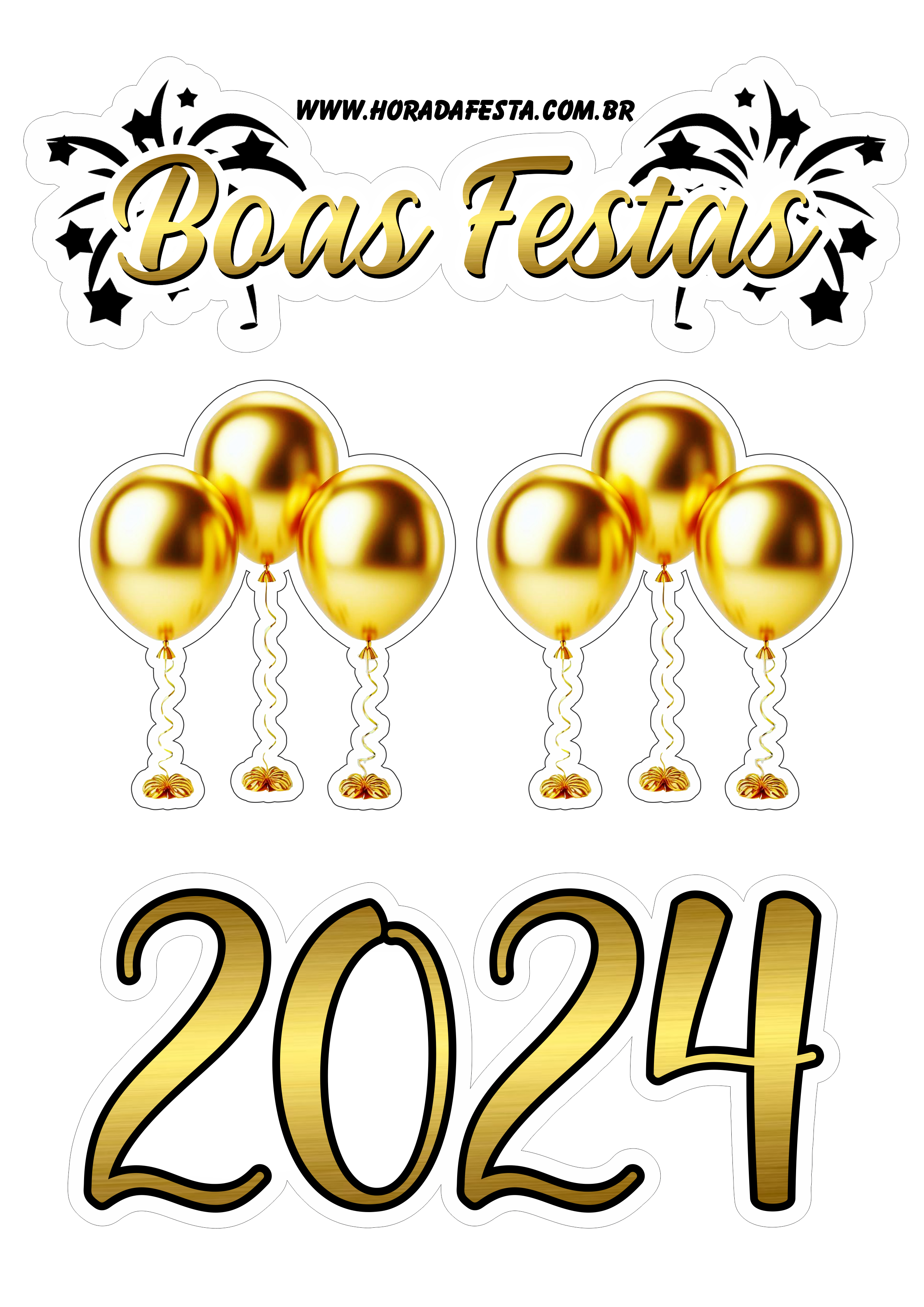 Boas festas topo de bolo para imprimir balões dourados feliz ano novo 2024 festa pronta png