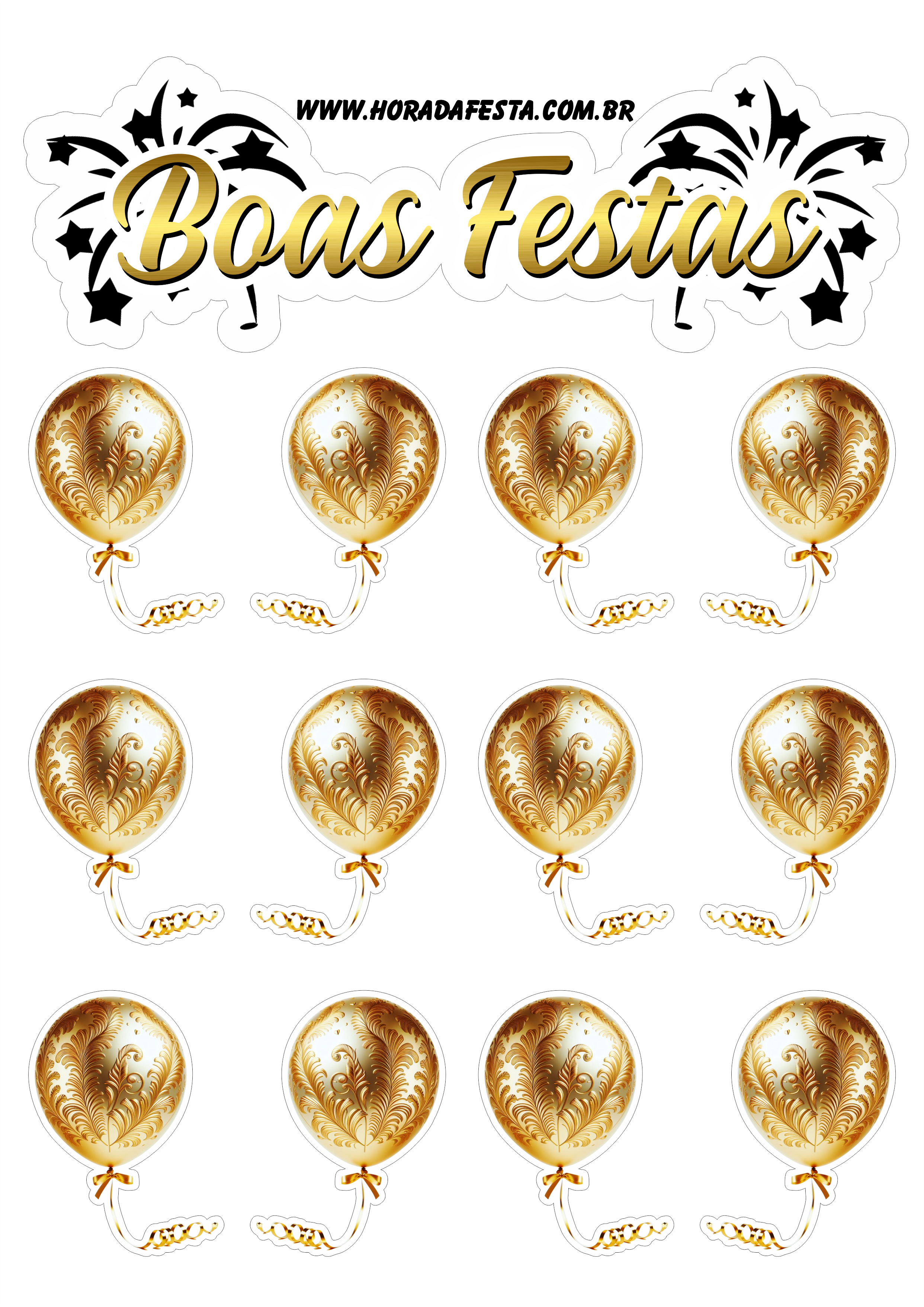 Boas festas topo de bolo para imprimir balões dourados feliz ano novo 2024 artigos de papelaria png