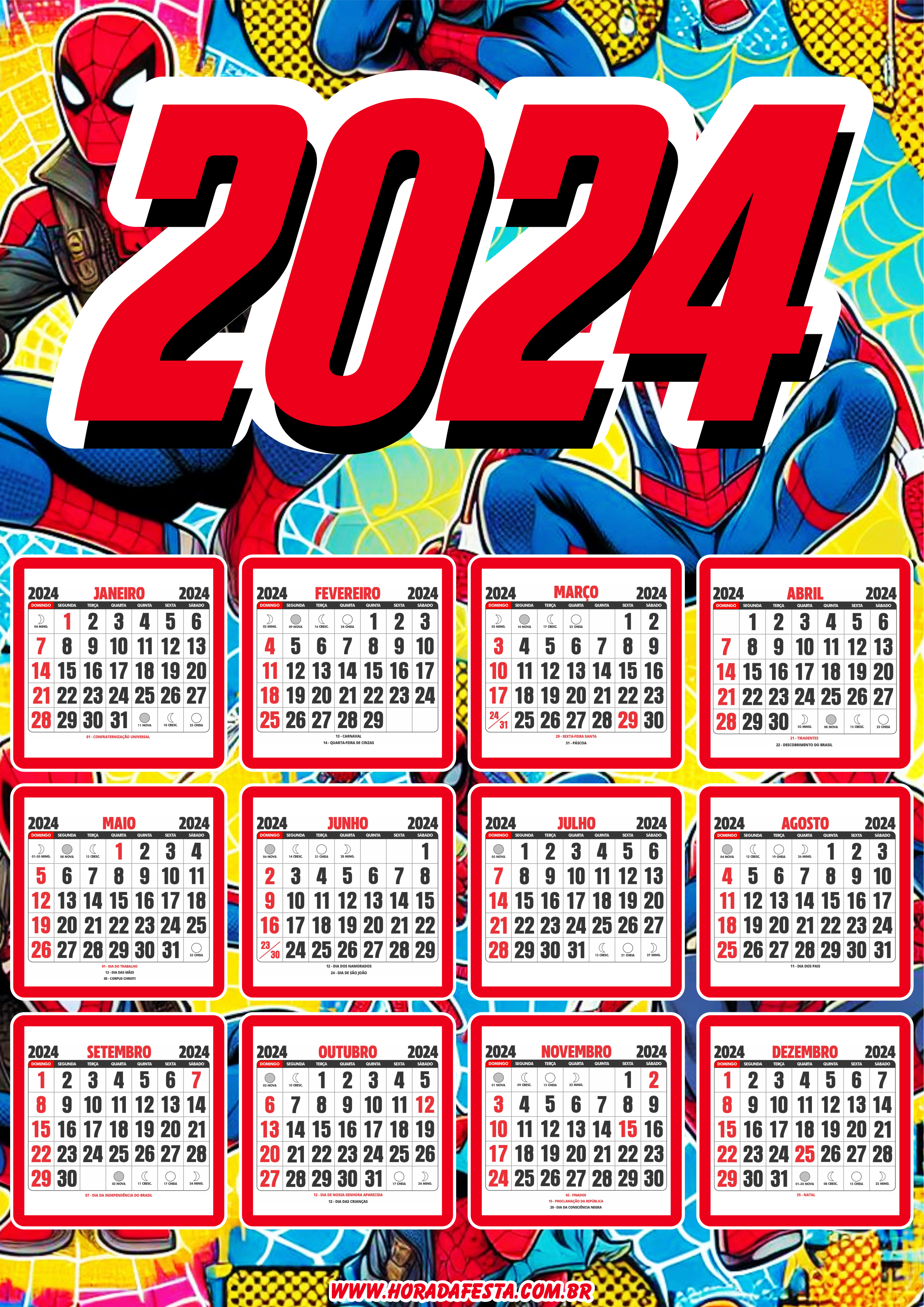 Calendário 2024 personalizado homem aranha png