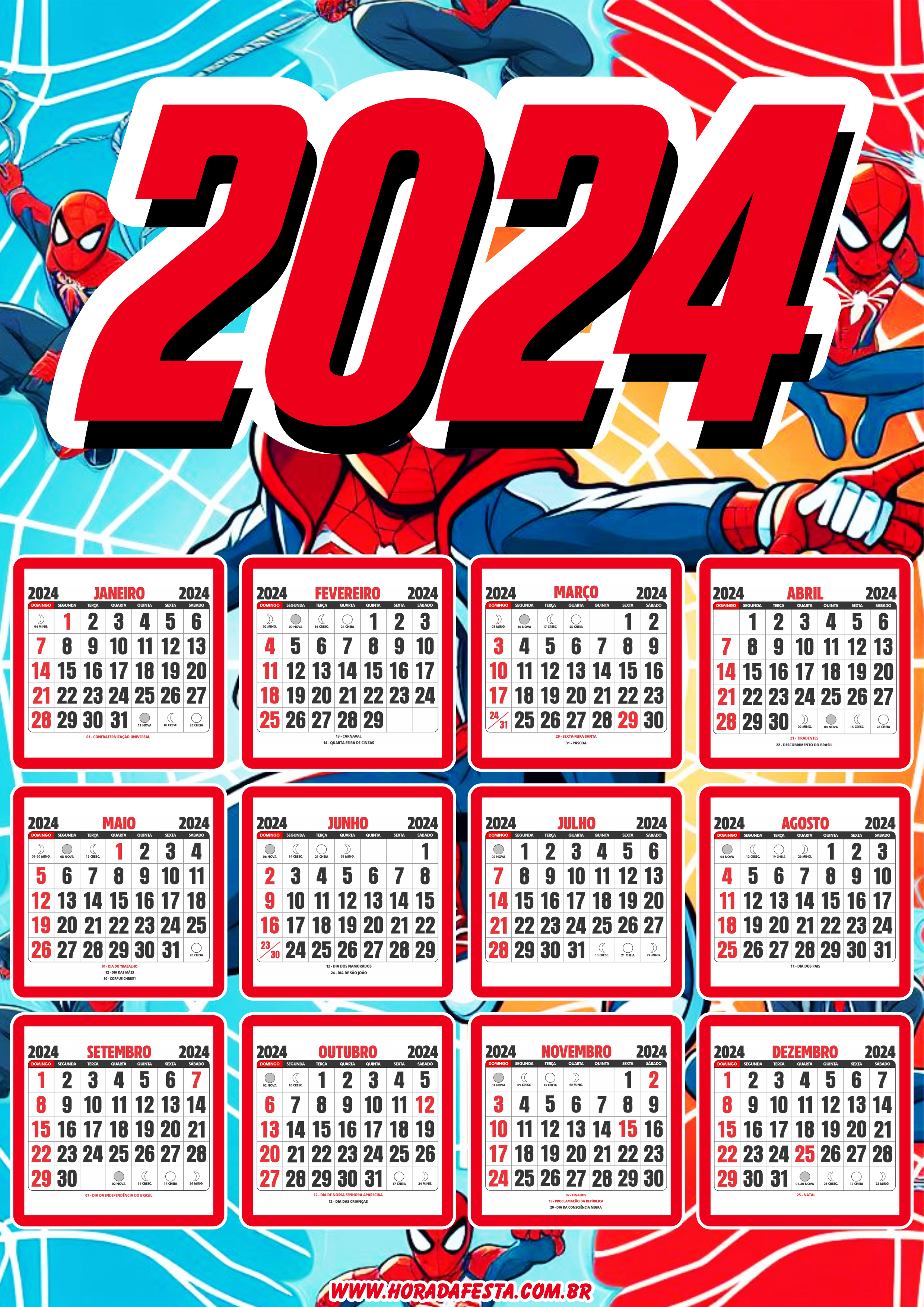 Calendário 2024 personalizado homem aranha spider man png