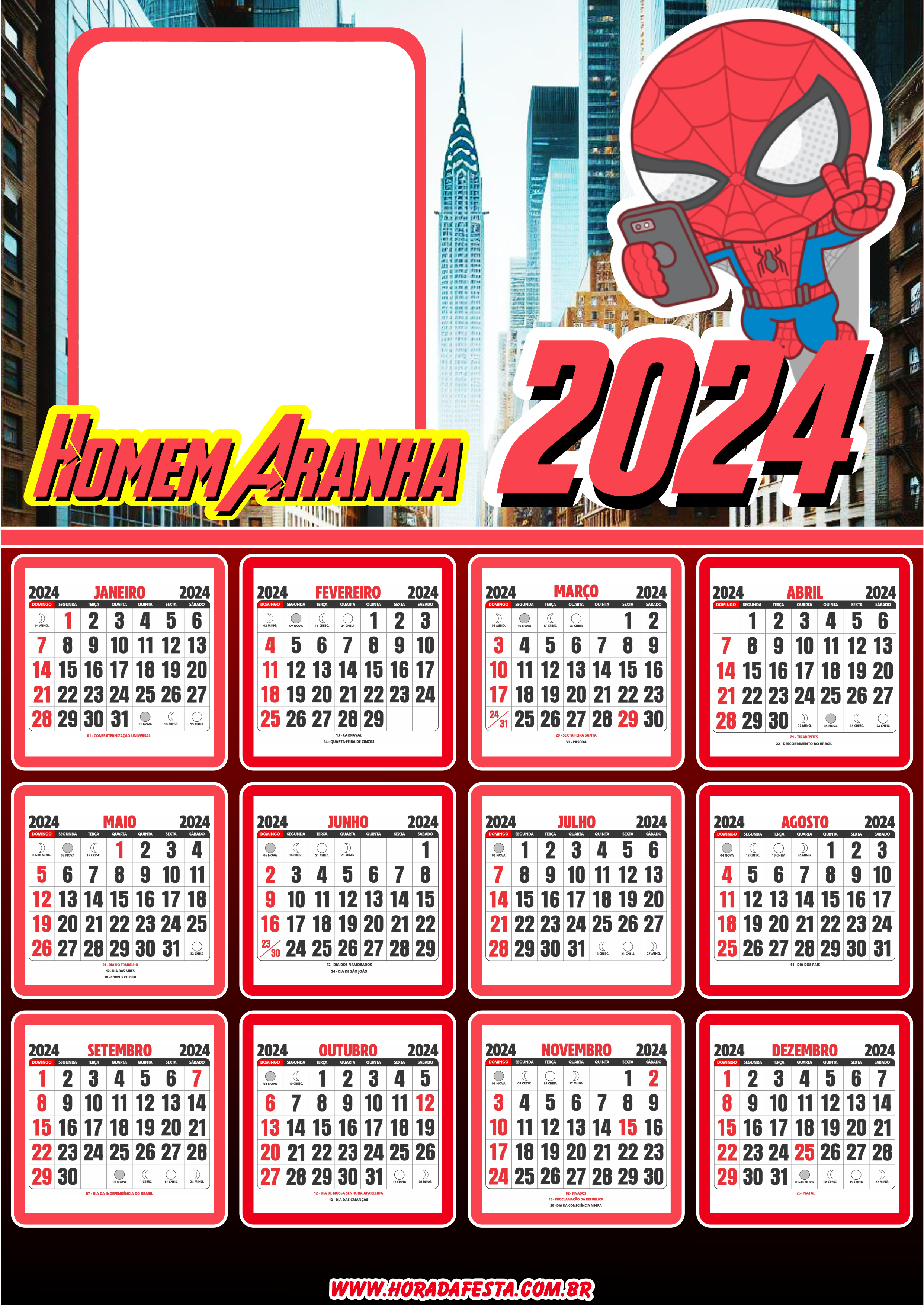 Moldura Calendário 2024 Homem Aranha baby personalizados lembrancinha de festa PNG 