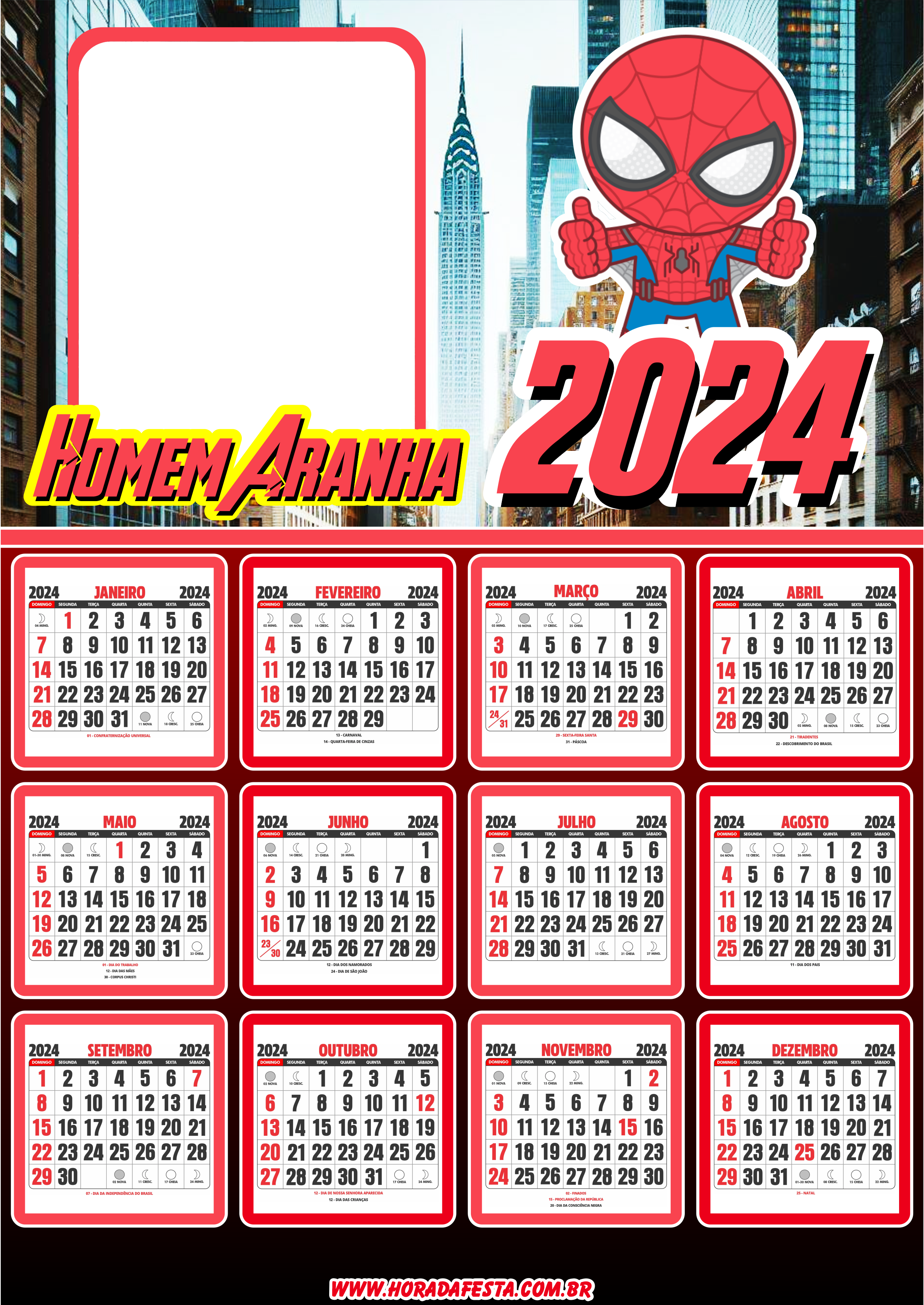 Moldura Calendário 2024 Homem Aranha baby personalizados lembrancinha de festa infantil PNG 