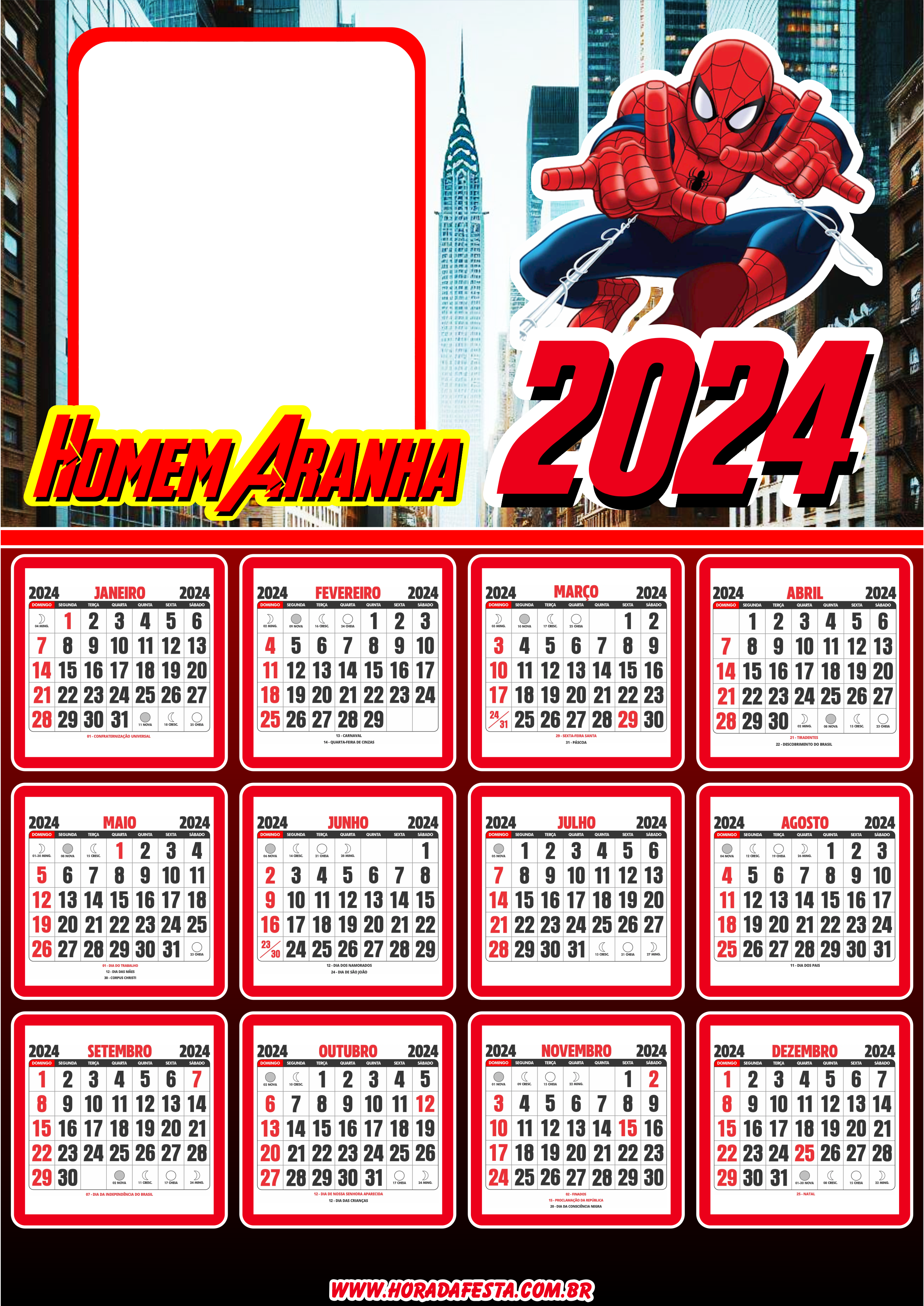 Moldura Calendário 2024 Marvel Homem Aranha pronto para editar PNG 